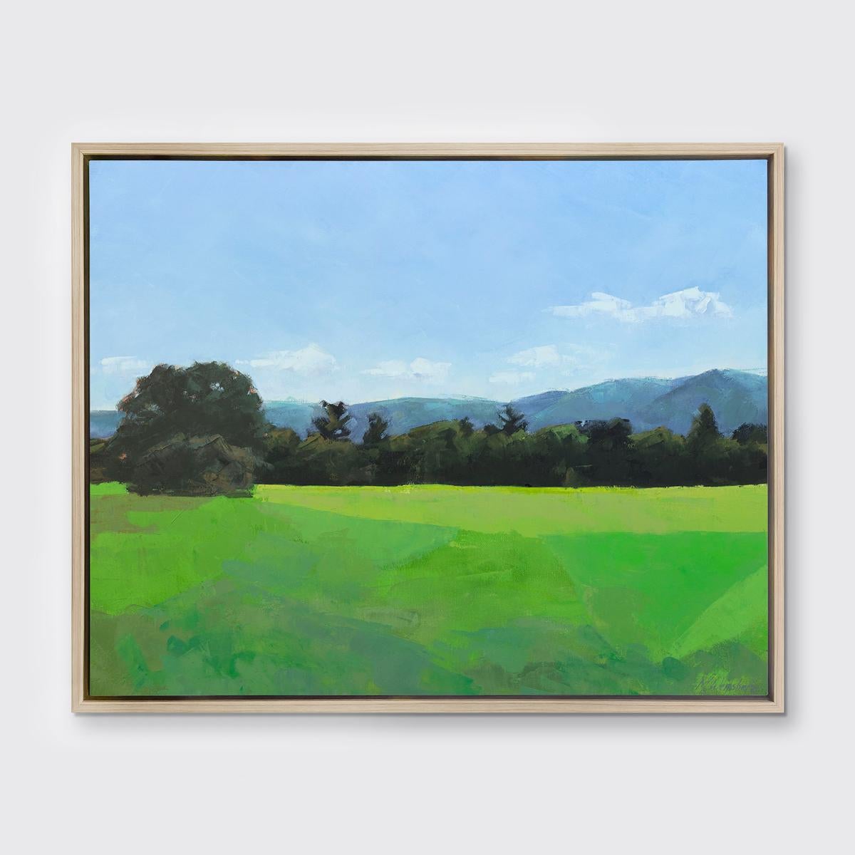 Questa stampa giclée di paesaggi in edizione limitata di Molly Doe Wensberg ha una tiratura di 195 esemplari. È caratterizzata da una vivace tavolozza di colori verde e blu e cattura una scena di un campo con un fogliame lussureggiante e colline