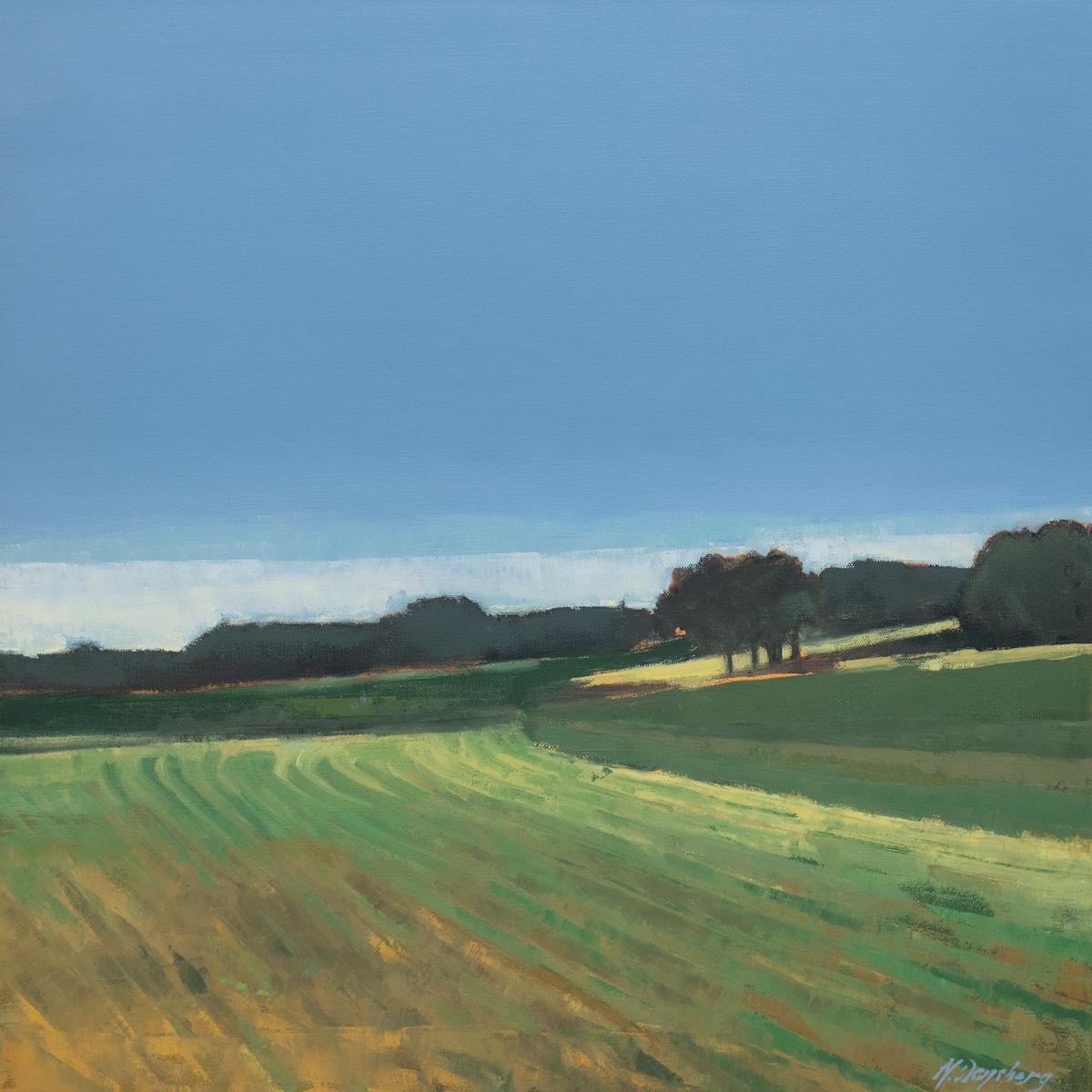 This Limited Edition giclee landscape print by Molly Doe Wensberg is an edition size of 195. It features a cool blue and green palette with warm yellow accents. The artist captures a scene of a field with lush foliage along the horizon beneath a