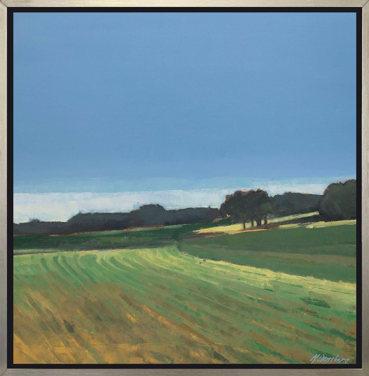 This Limited Edition giclee landscape print by Molly Doe Wensberg is an edition size of 195. It features a cool blue and green palette with warm yellow accents. The artist captures a scene of a field with lush foliage along the horizon beneath a