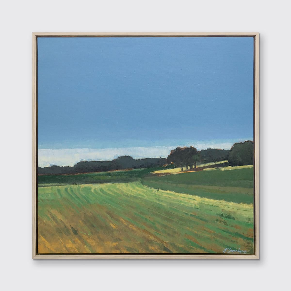 Esta Edición Limitada giclée de paisajes de Molly Doe Wensberg tiene una tirada de 195 ejemplares. Presenta una paleta de azules y verdes fríos con toques amarillos cálidos. El artista capta una escena de un campo con frondoso follaje a lo largo del