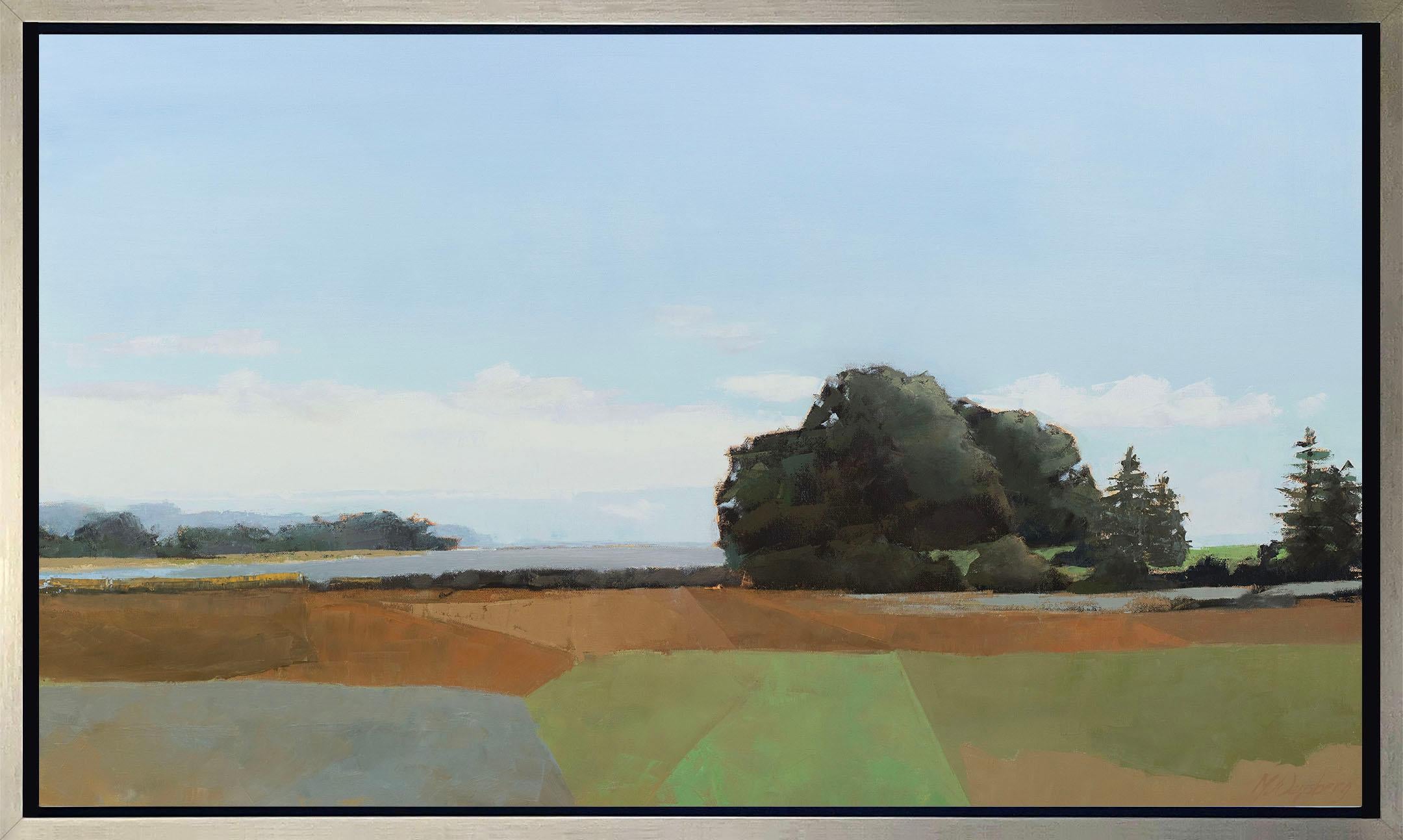 Diese limitierte Auflage des Giclée-Landschaftsdrucks von Molly Doe Wensberg hat eine Auflagenhöhe von 195. Es ist in kühlen Blau- und Erdtönen gehalten und zeigt eine Landschaftsszene mit üppigem Laub und wogenden Feldern unter einem blauen Himmel,