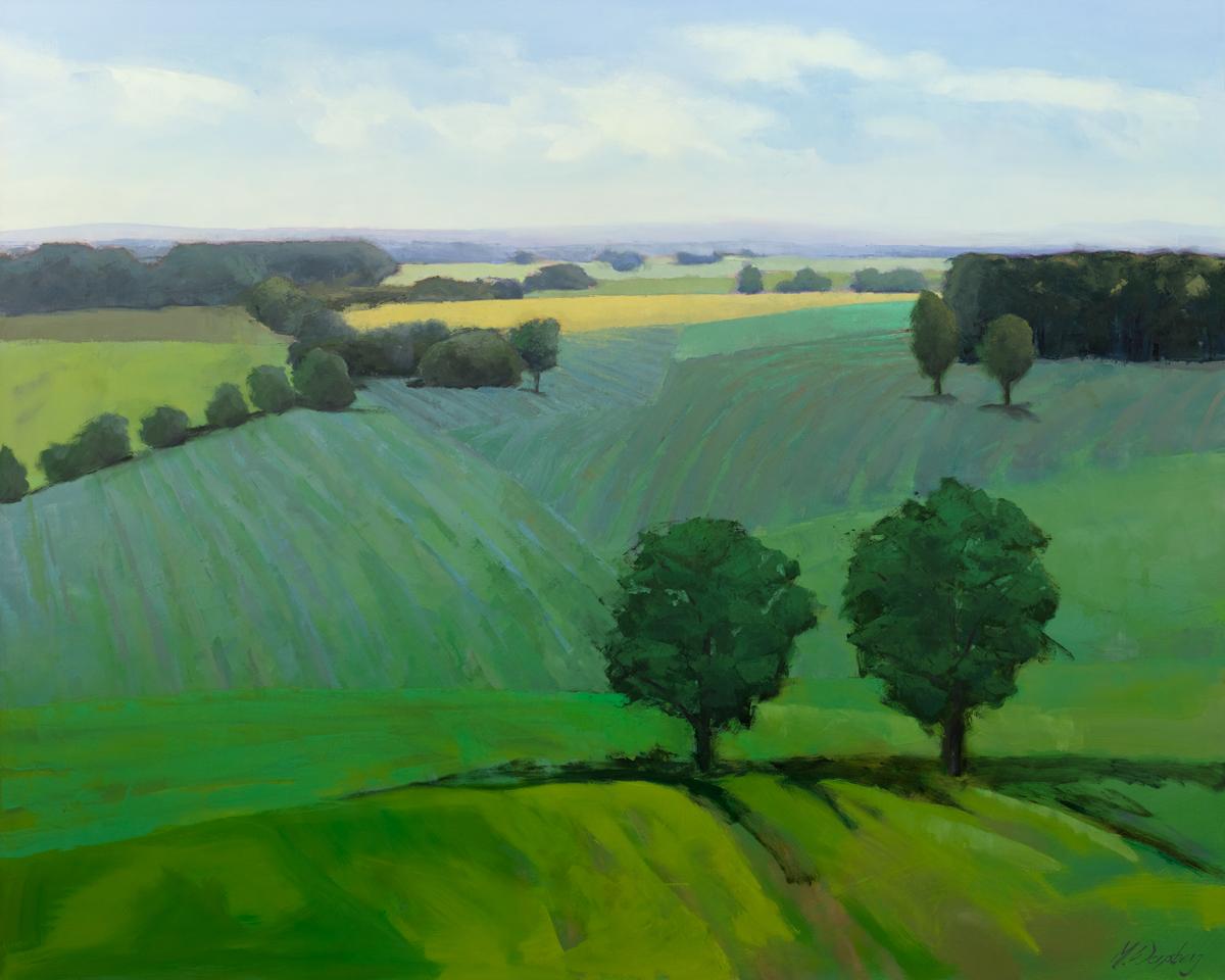 This Limited Edition giclee landscape print by Molly Doe Wensberg is an edition size of 195. It features a cool green palette with warm yellow accents, and captures a landscape scene with lush foliage and rolling hills. Printed on canvas, this