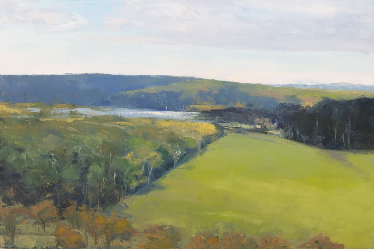 This Limited Edition giclee landscape print by Molly Doe Wensberg is an edition size of 195. It features a cool blue, green, and yellow palette and captures a landscape scene with lush foliage, rolling hills, and a small body of water in the