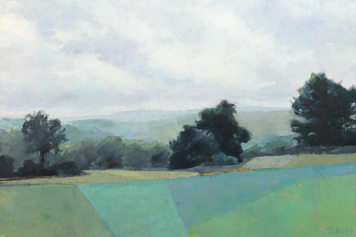 This Limited Edition giclee landscape print by Molly Doe Wensberg is an edition size of 195. It features a cool blue and green palette and captures a landscape scene with lush foliage and rolling hills, with certain areas of the grass abstracted
