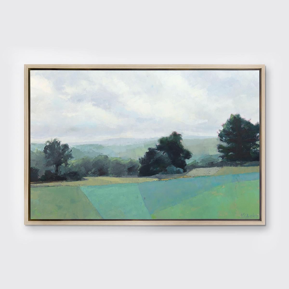 This Limited Edition giclee landscape print by Molly Doe Wensberg is an edition size of 195. It features a cool blue and green palette and captures a landscape scene with lush foliage and rolling hills, with certain areas of the grass abstracted