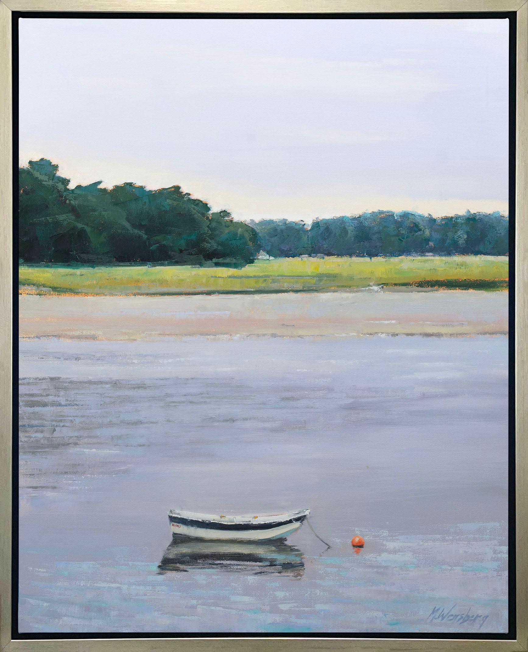 This Limited Edition giclee coastal landscape print by Molly Doe Wensberg is an edition size of 195. The print features a green and light lavender palette, and captures a scene of a small black and white dinghy boat just off the coast of a New