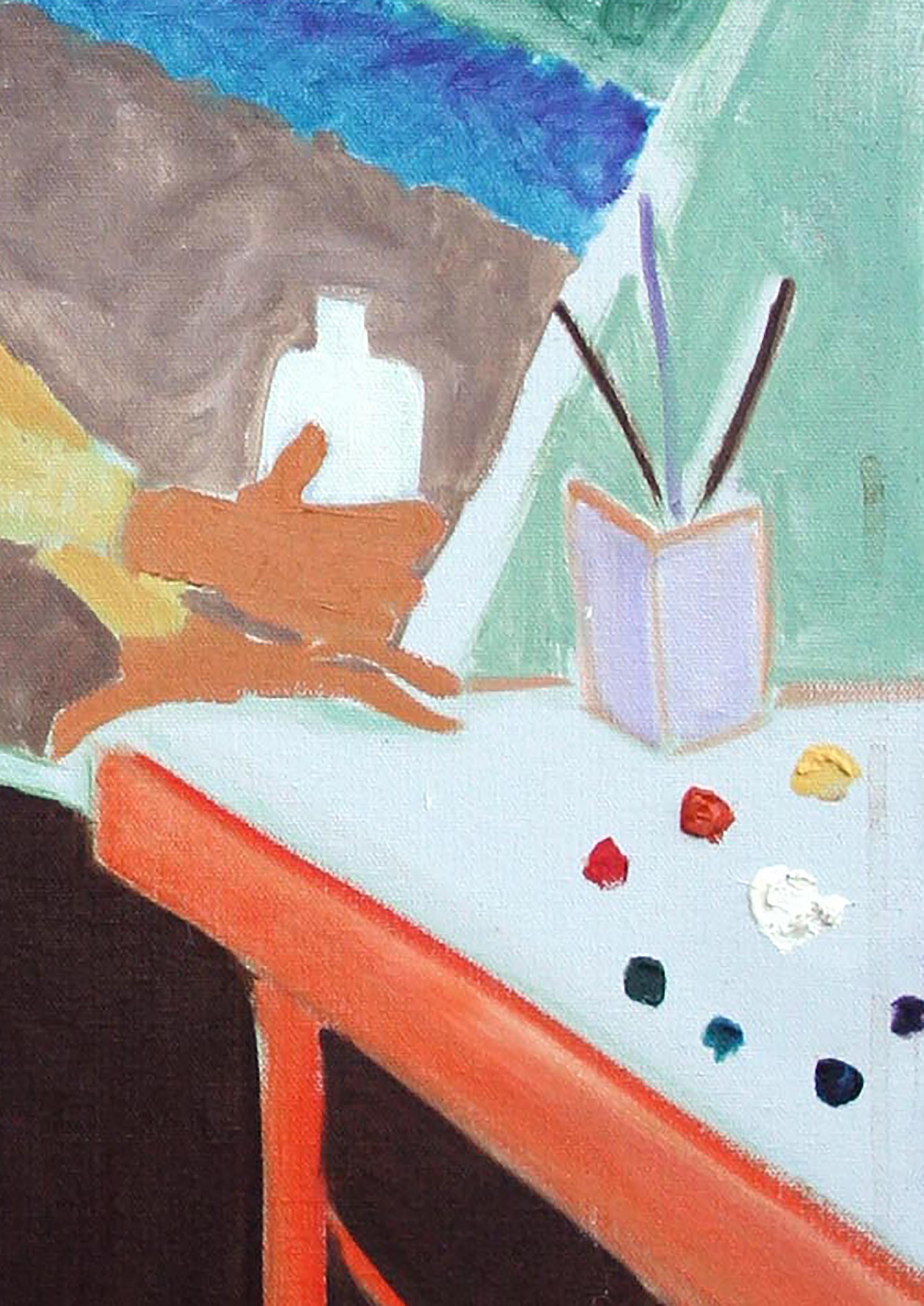 Vintage Bay Area Modern Figurative -- Artista al suo cavalletto - Figurative Painting Grigio di Molly E. Brubaker