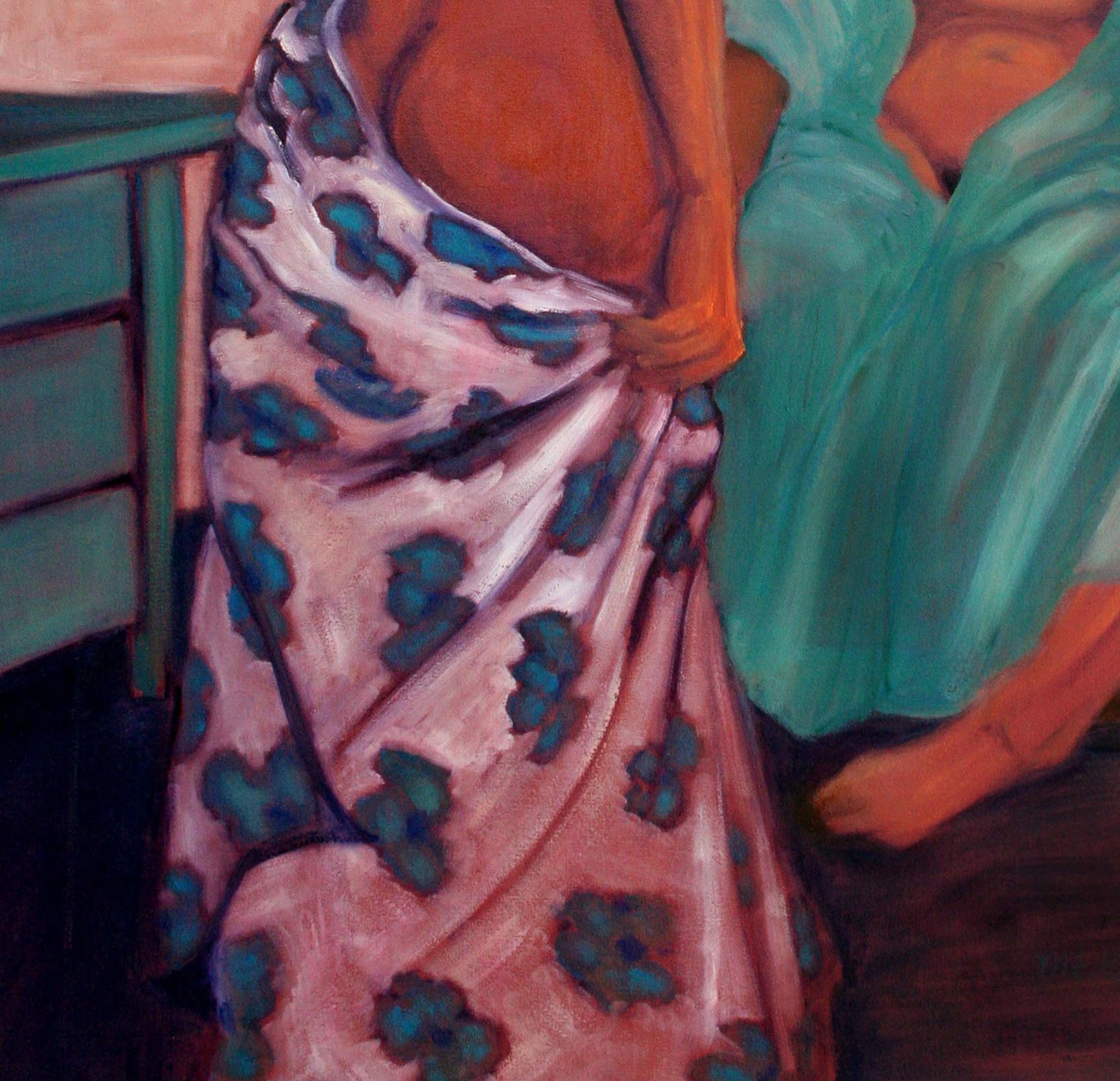 Un hermoso estudio modernista de la figura de dos modelos desnudas envueltas en telas de colores, obra de la artista californiana Molly E. Brubaker (estadounidense, 1922-2000). Firmado 