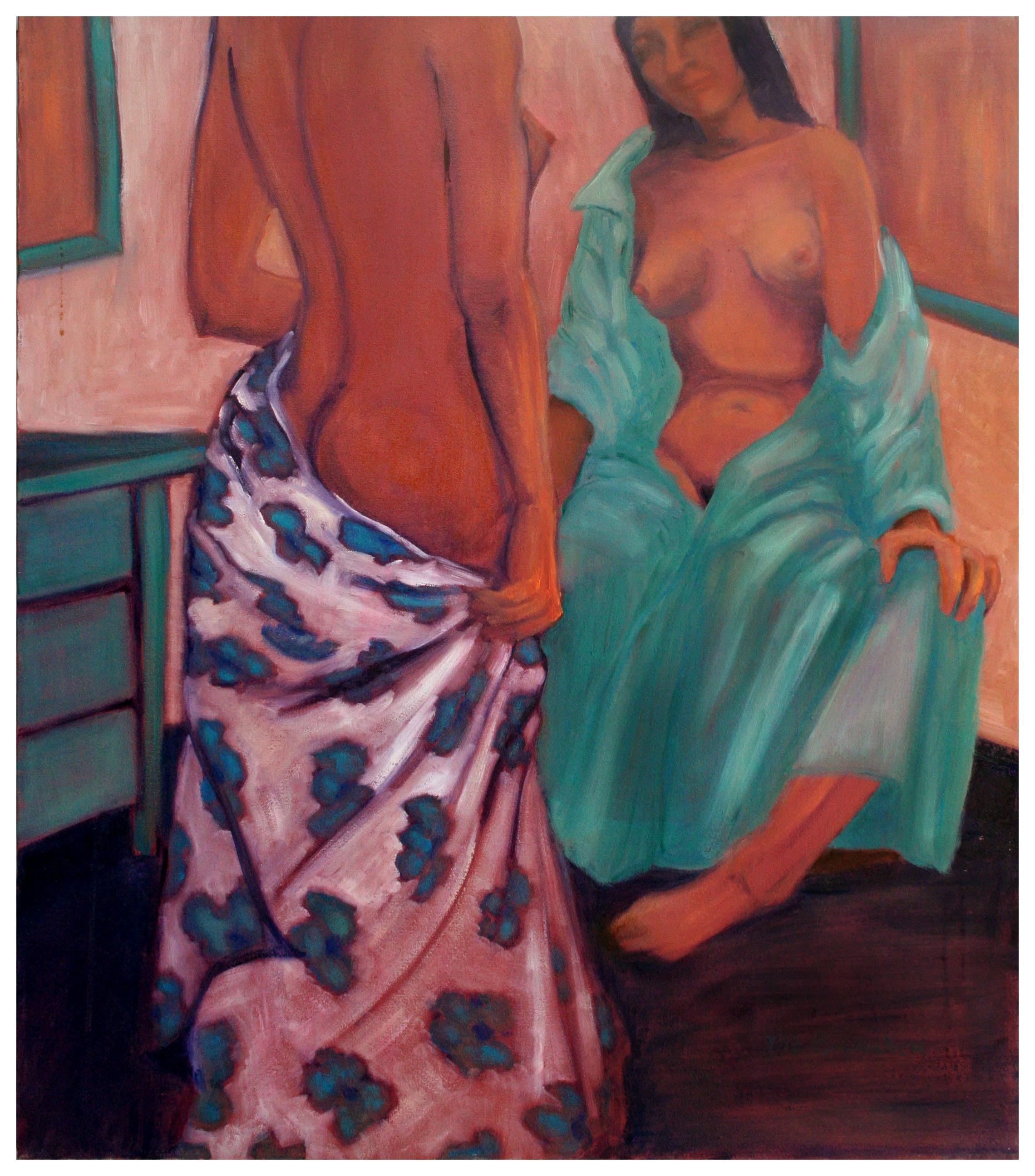 Nude Painting de Molly E. Brubaker - Estudio figurativo moderno, dos modelos con cortinas