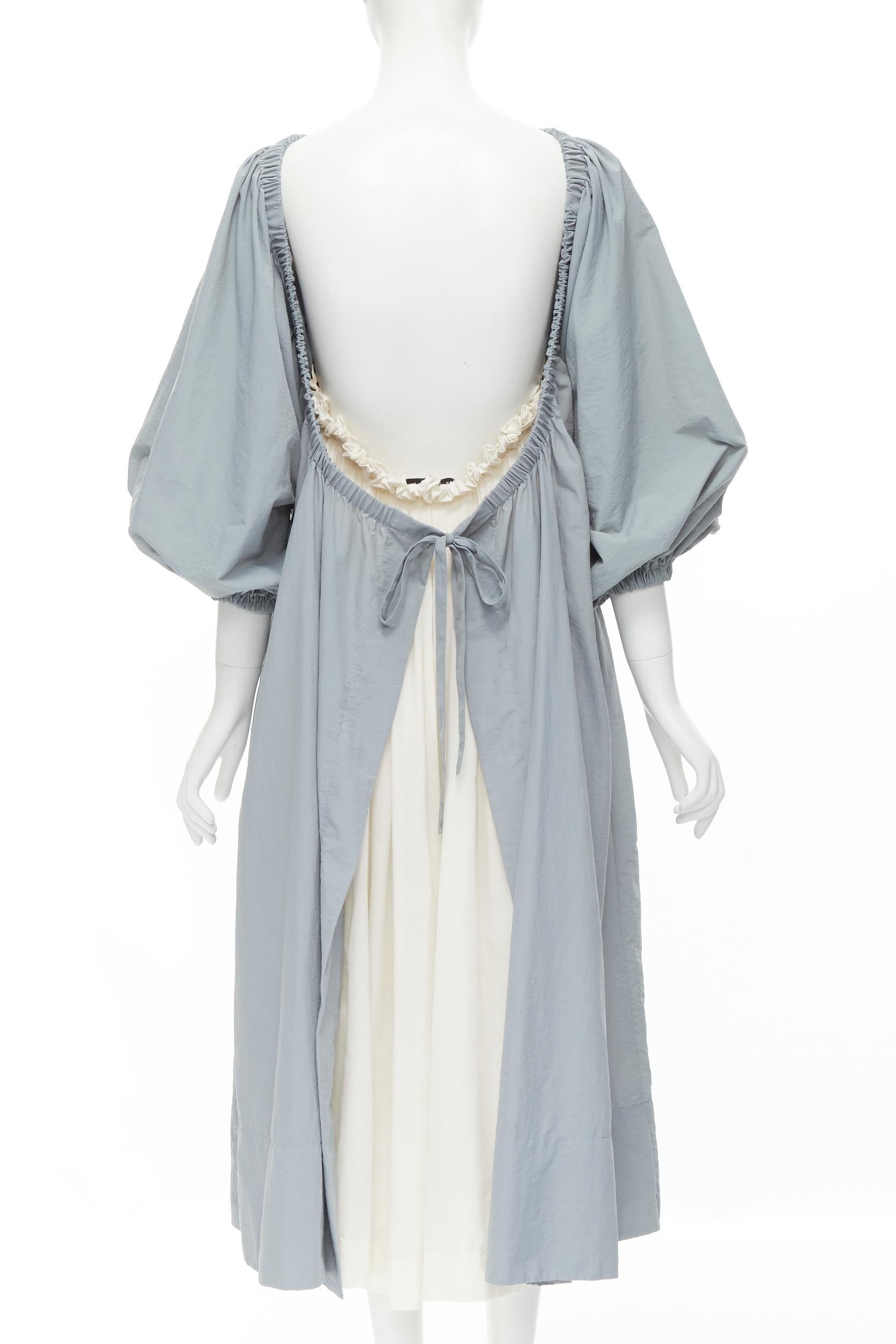 White MOLLY GODDARD blue grey puff sleeve cream tie back midi dress UK8 S