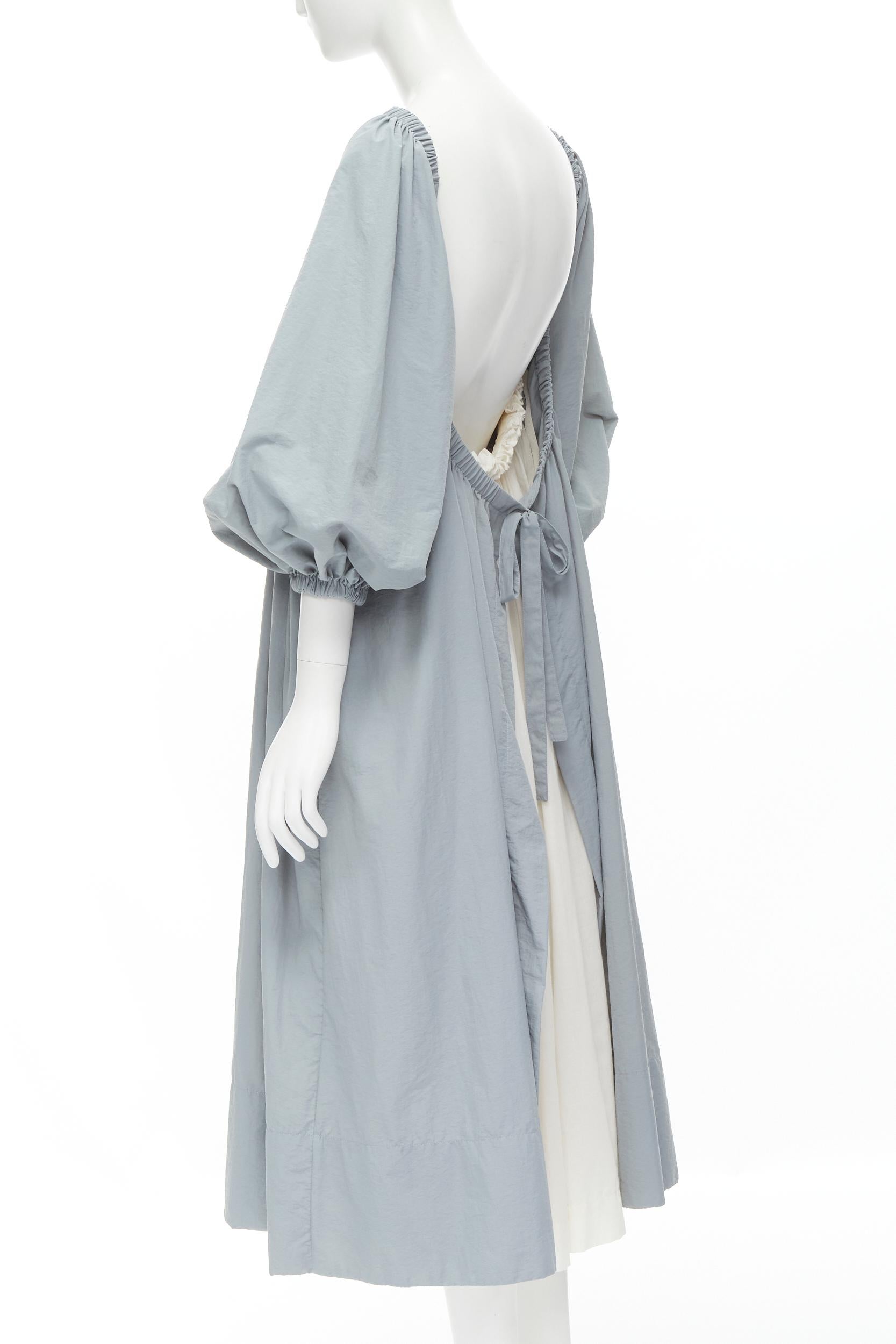 MOLLY GODDARD blue grey puff sleeve cream tie back midi dress UK8 S In Excellent Condition In Hong Kong, NT