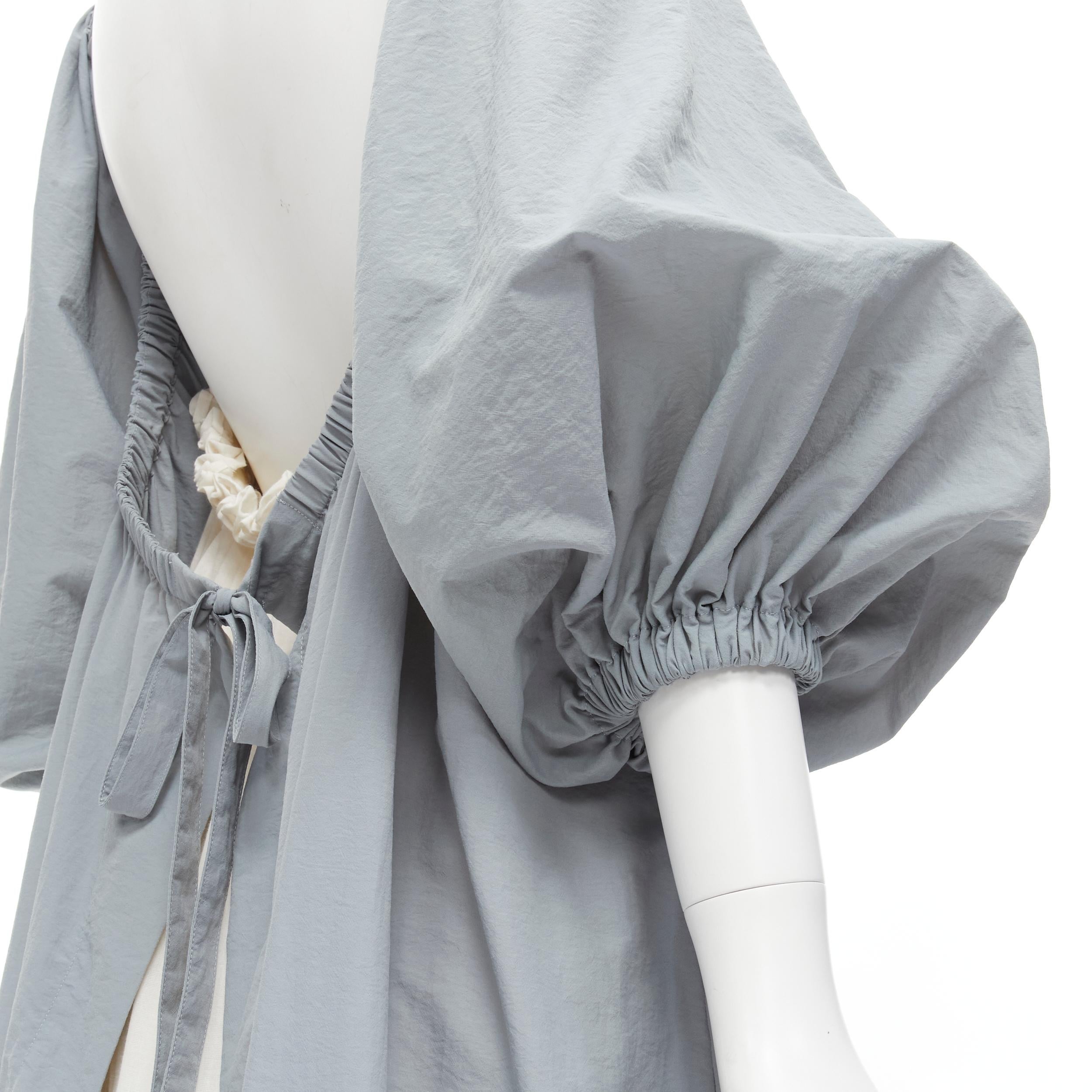 MOLLY GODDARD blue grey puff sleeve cream tie back midi dress UK8 S 1