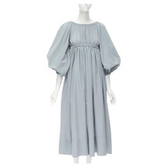 MOLLY GODDARD blue grey puff sleeve cream tie back midi dress UK8 S