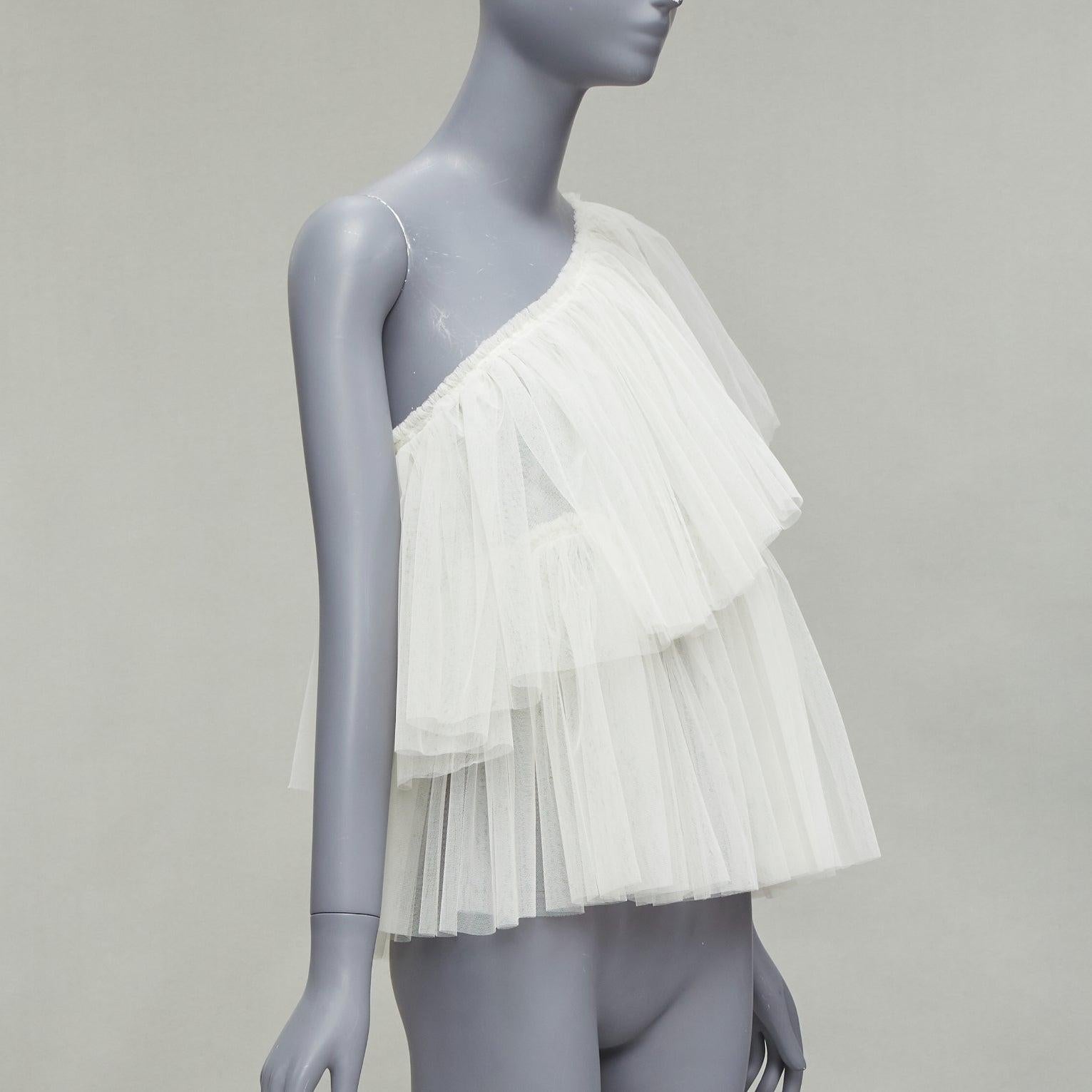 MOLLY GODDARD cream tulle tiered one shoulder sheer top UK6 XS In New Condition For Sale In Hong Kong, NT