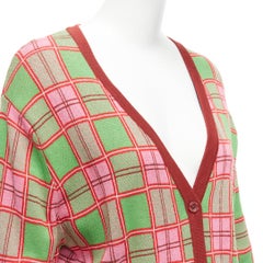 MOLLY GODDARD Emma green pink combed cotton checked intarsia cardigan L