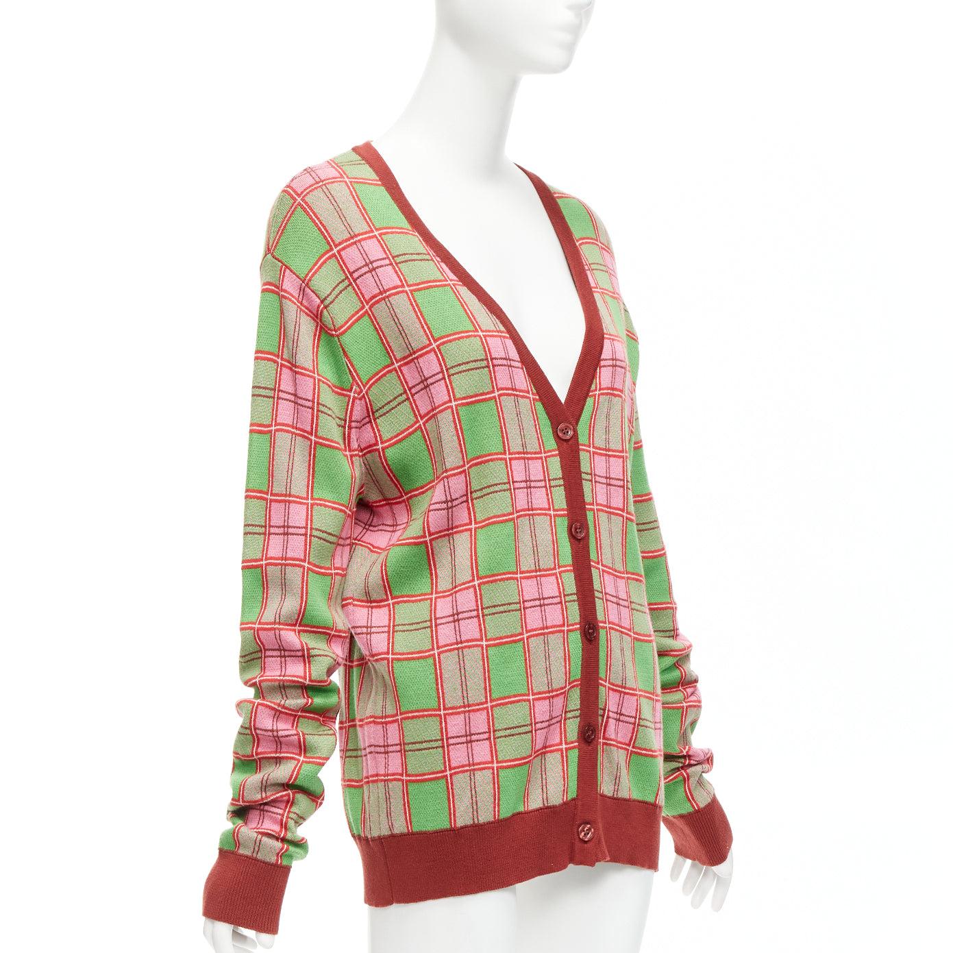 MOLLY GODDARD Emma green pink combed cotton checked intarsia cardigan L In Excellent Condition For Sale In Hong Kong, NT