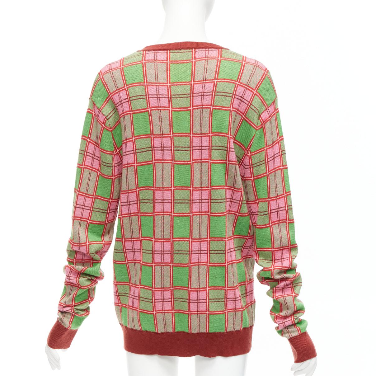 MOLLY GODDARD Emma green pink combed cotton checked intarsia cardigan L For Sale 1
