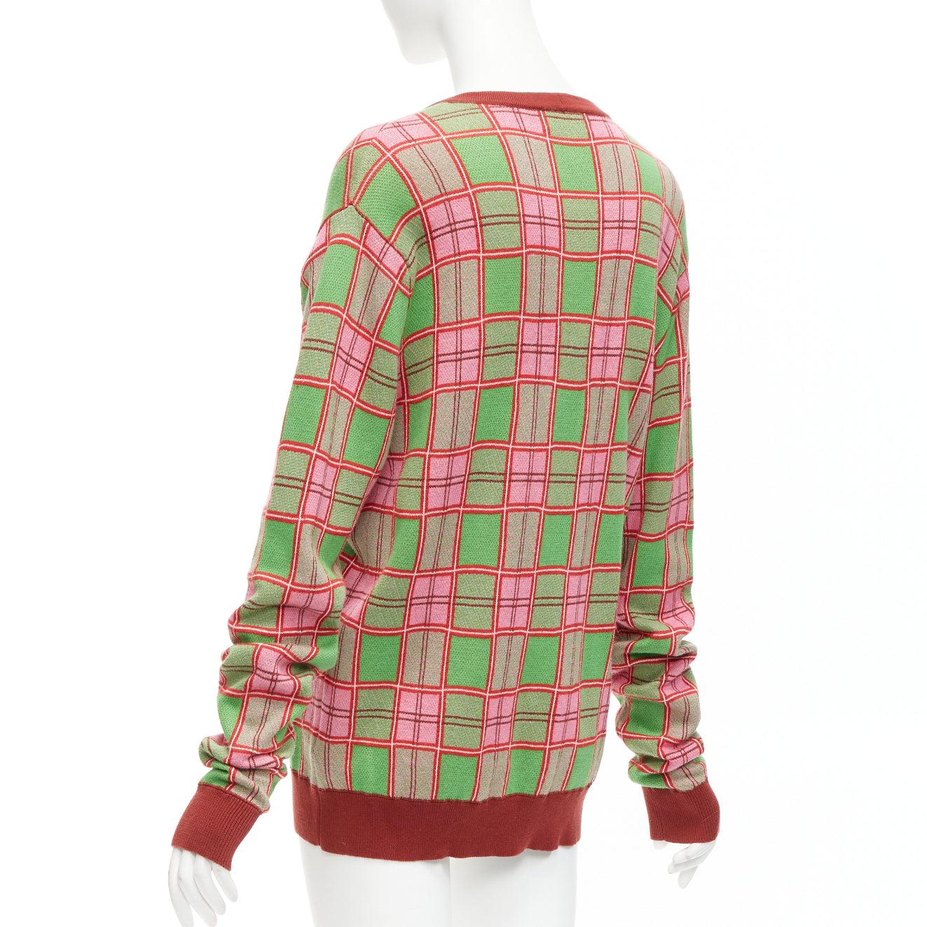 MOLLY GODDARD Emma green pink combed cotton checked intarsia cardigan L For Sale 2
