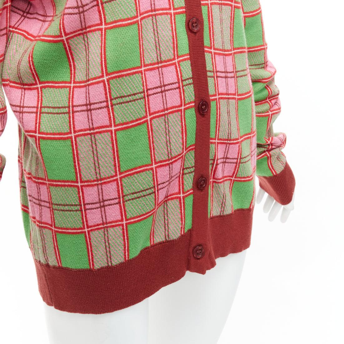MOLLY GODDARD Emma green pink combed cotton checked intarsia cardigan L For Sale 3