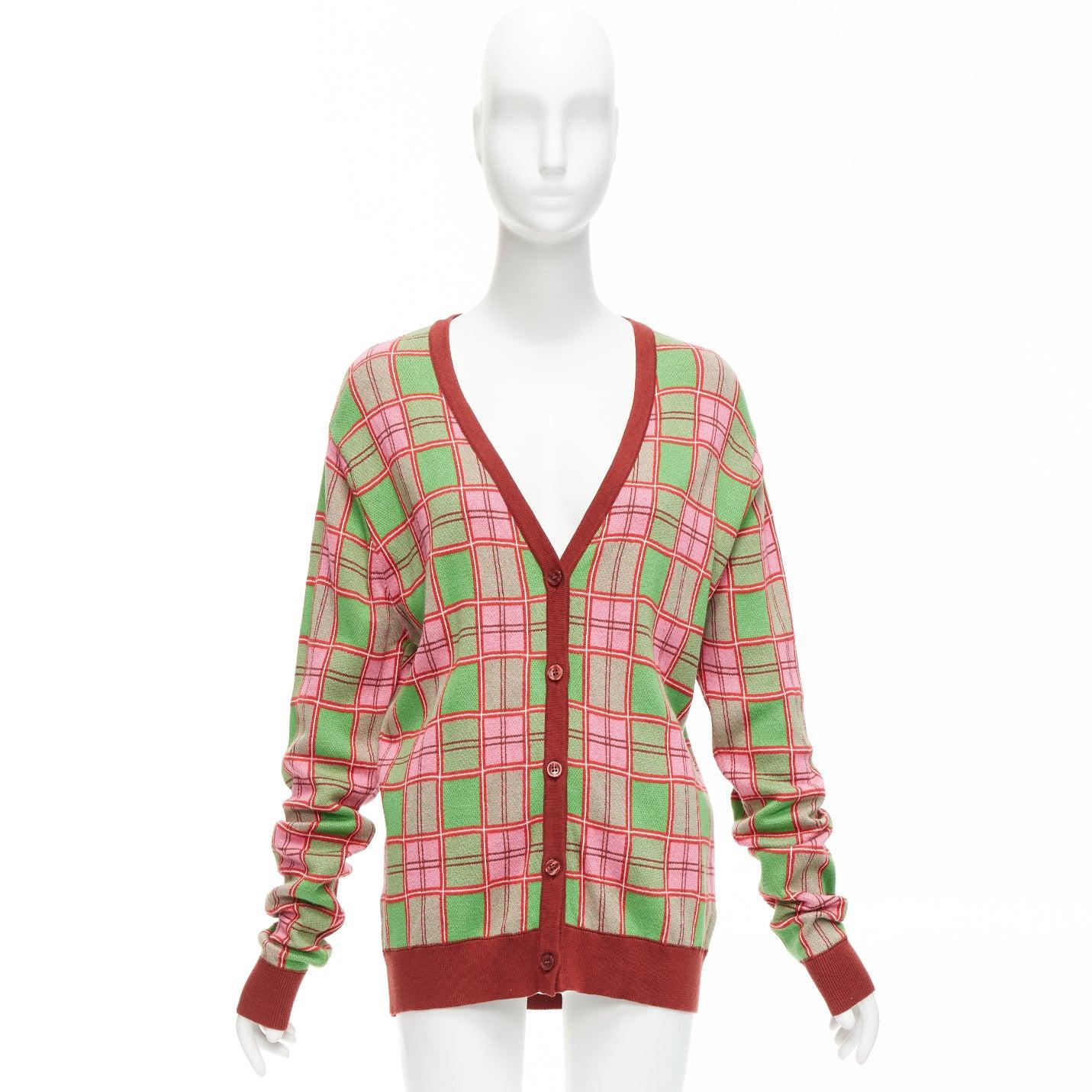 MOLLY GODDARD Emma green pink combed cotton checked intarsia cardigan L For Sale 5