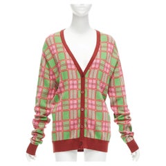 MOLLY GODDARD Emma green pink combed cotton checked intarsia cardigan L