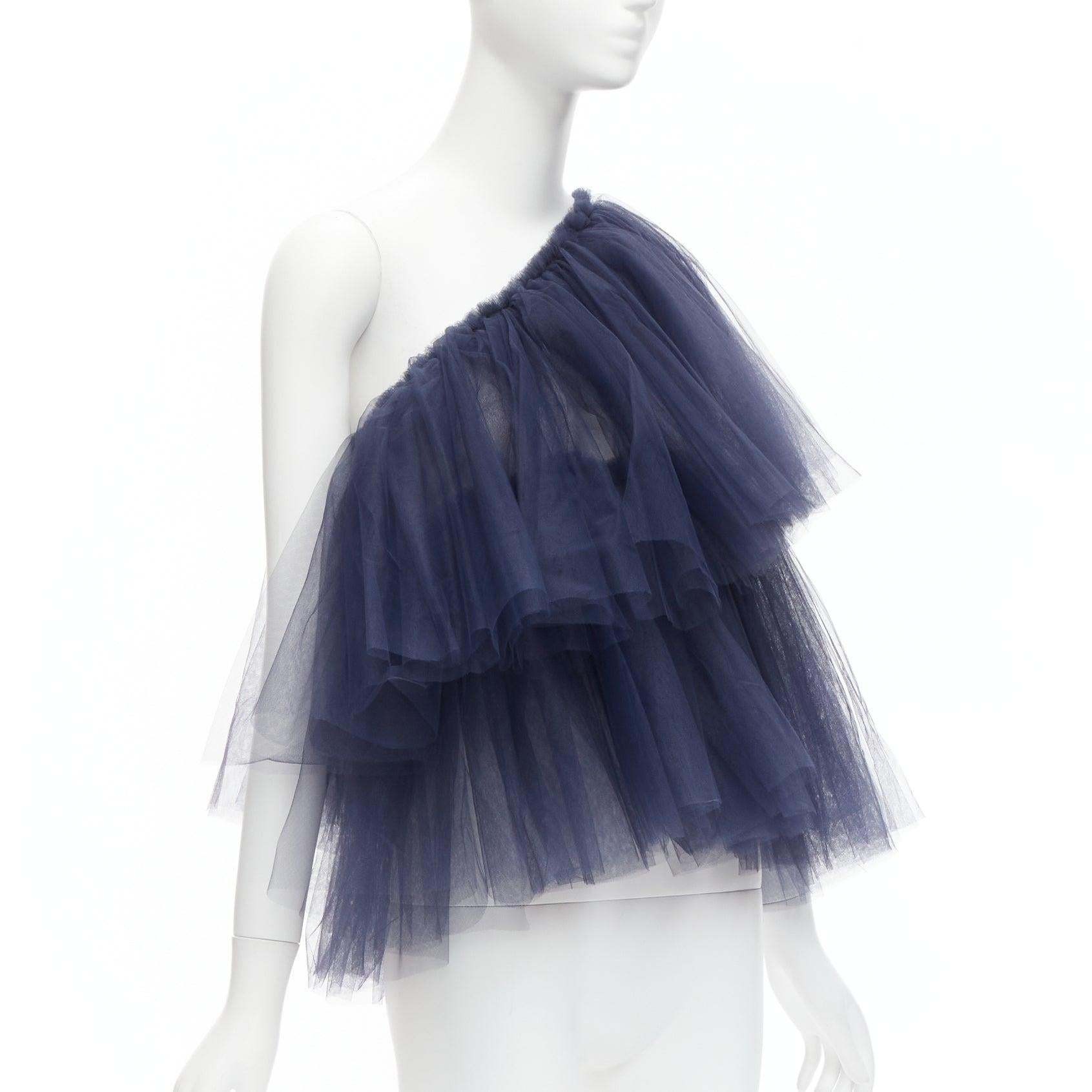 Purple MOLLY GODDARD navy blue black layered cascade tulle one shoulder top For Sale