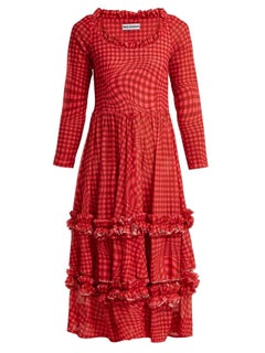 Molly Goddard Red & Pink Gingham Midi Ruffled Midi Dress - Size US 10