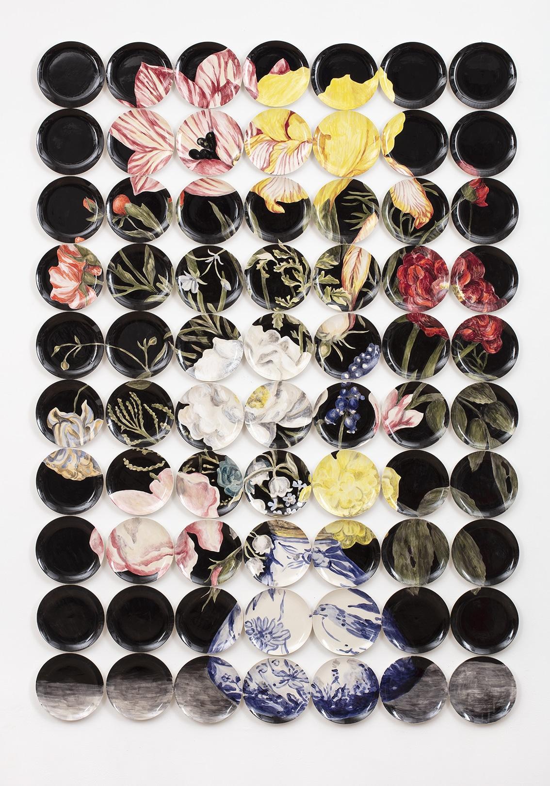Using ceramic surfaces as her canvas Hatch extends her historically-inspired contemporary repertoire with Memorandum, a wall installation comprised of 35 hand-painted plates.  The central image of the work, a large vase of vibrantly painted flowers