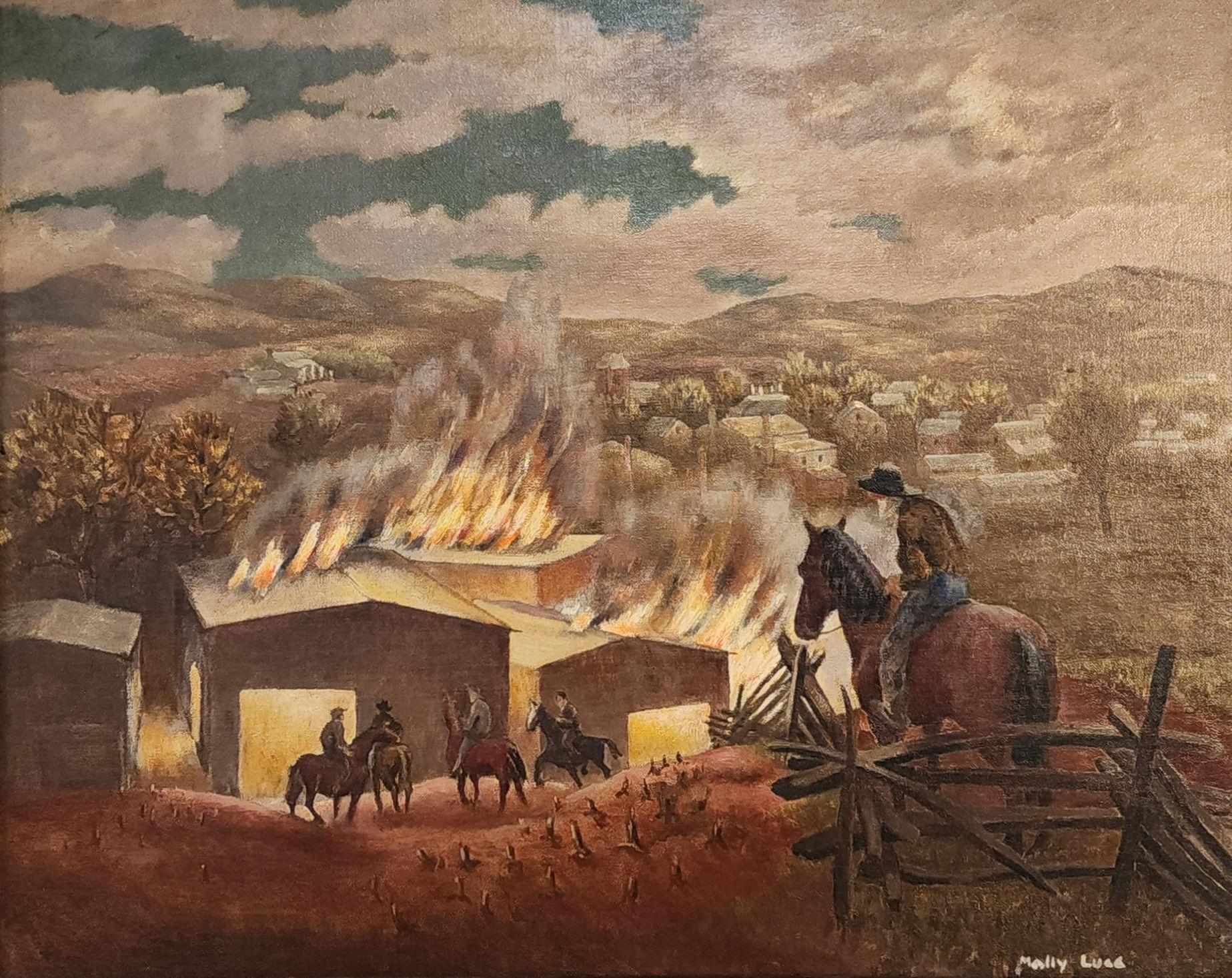 "Fuoco nel fienile di tabacco" Molly Luce, artista modernista, donna, scena western