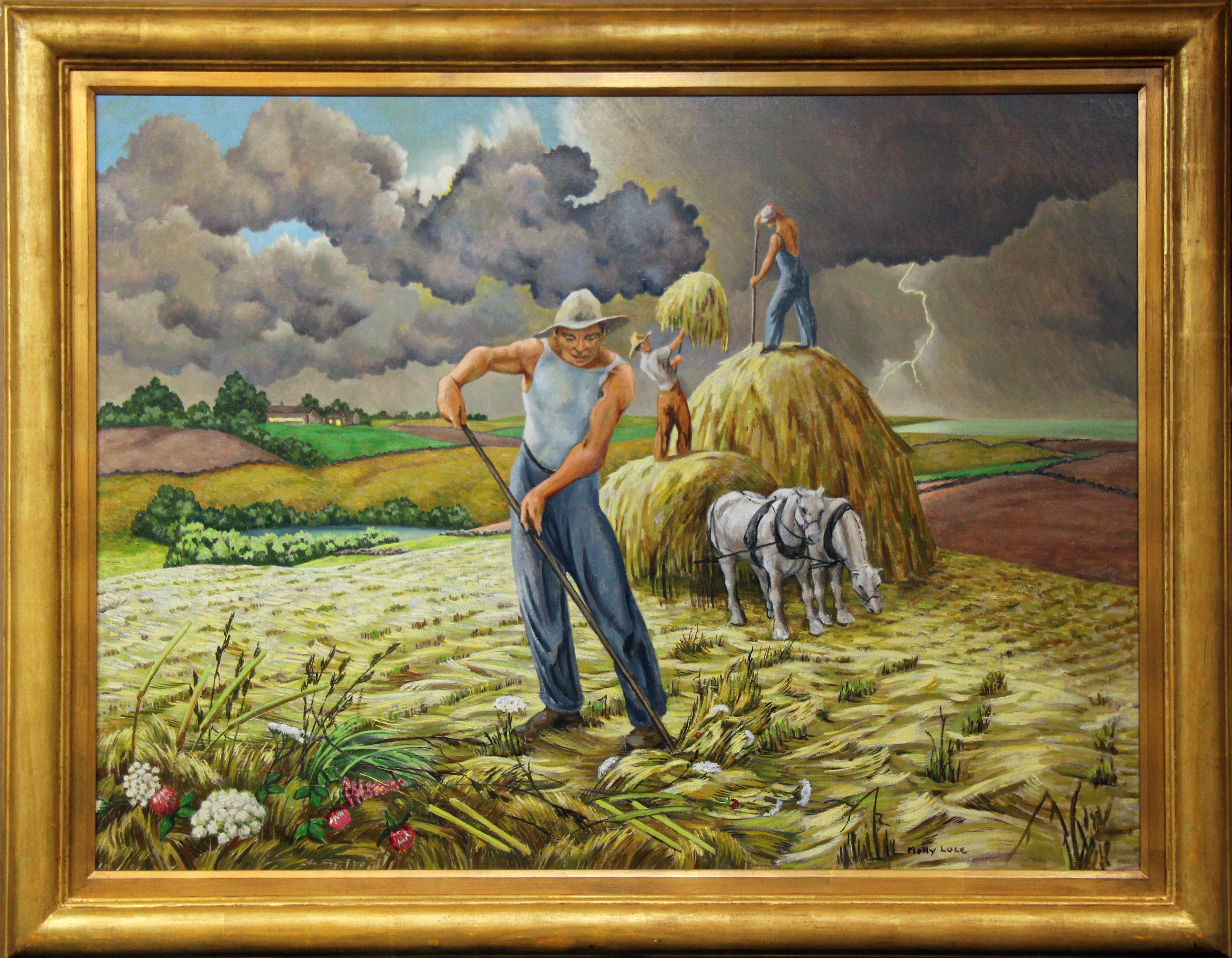 Harvest, Landscape and Figures by Female American Realist Artist - Painting by Molly Luce