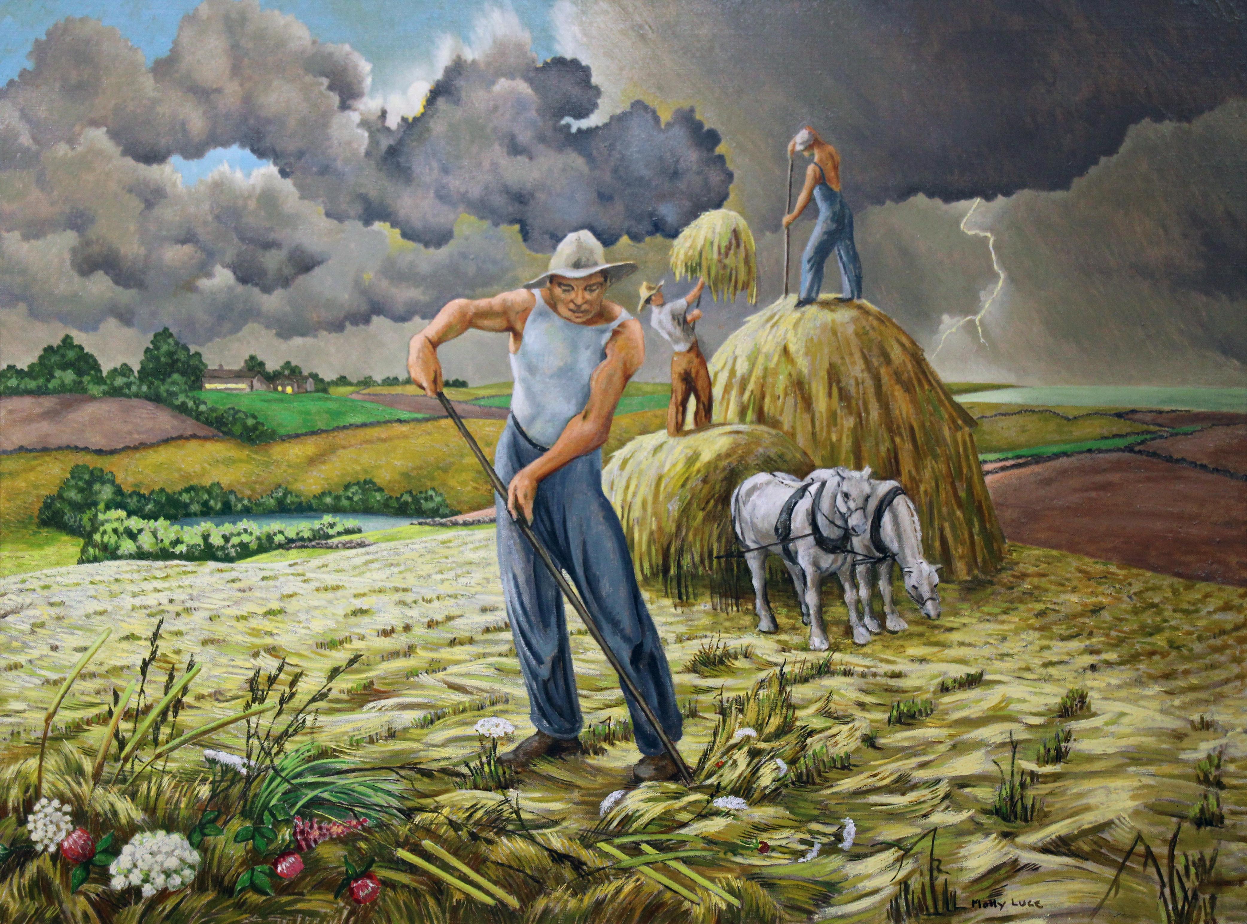 Molly Luce Figurative Painting - Harvest, Landscape and Figures by Female American Realist Artist