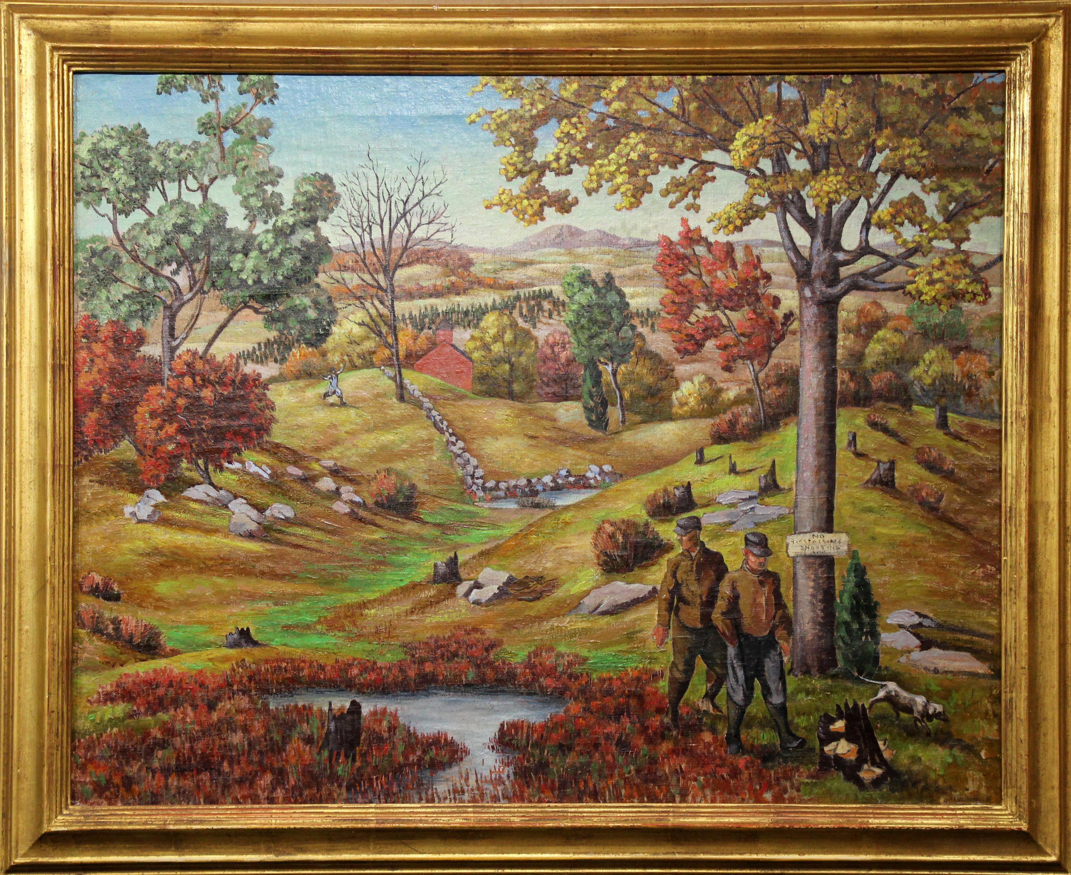 No Trespassing, Autumn Landscape and Hunters by Female American Realist Artist - Painting by Molly Luce