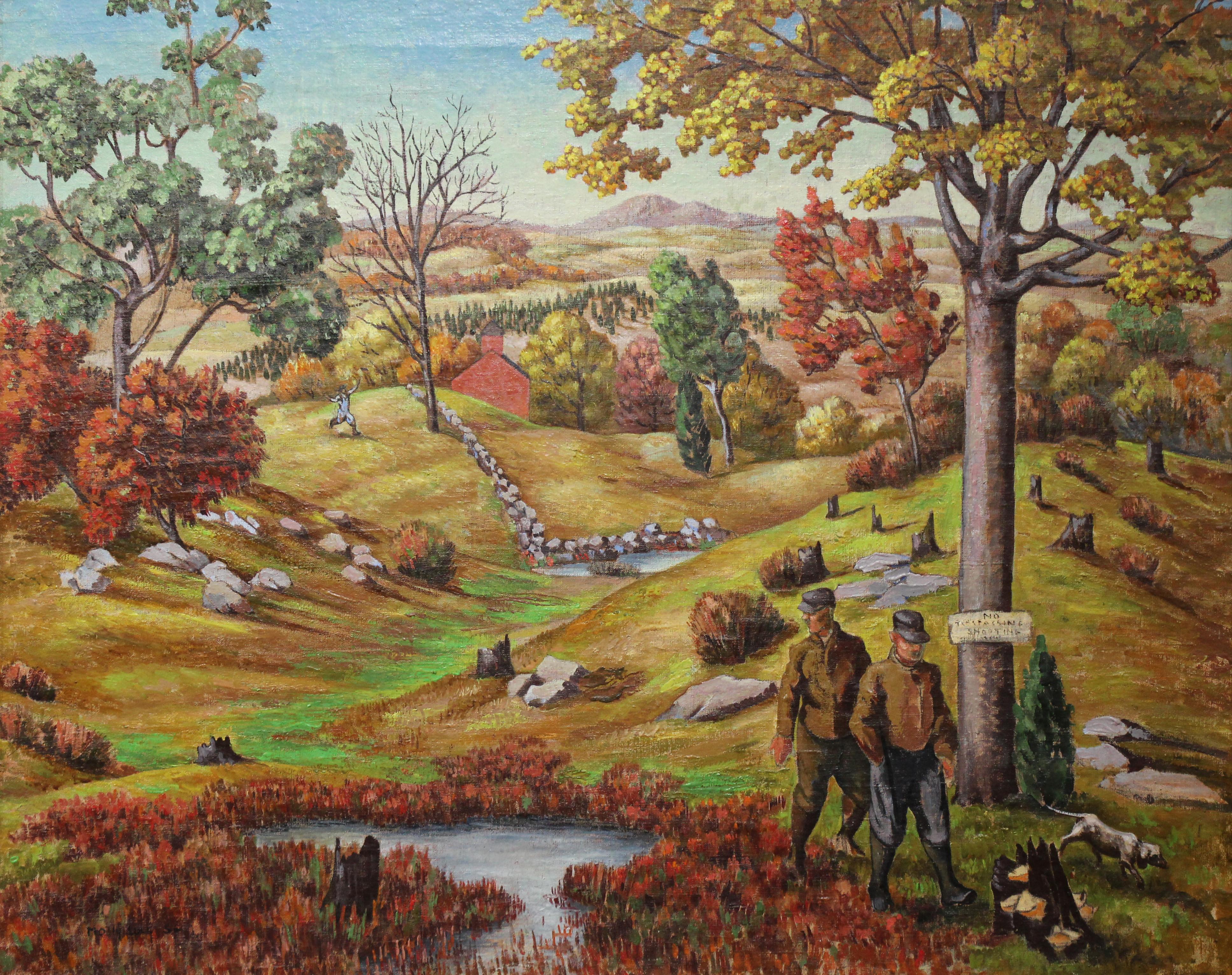 Molly Luce Landscape Painting - No Trespassing, Autumn Landscape and Hunters by Female American Realist Artist