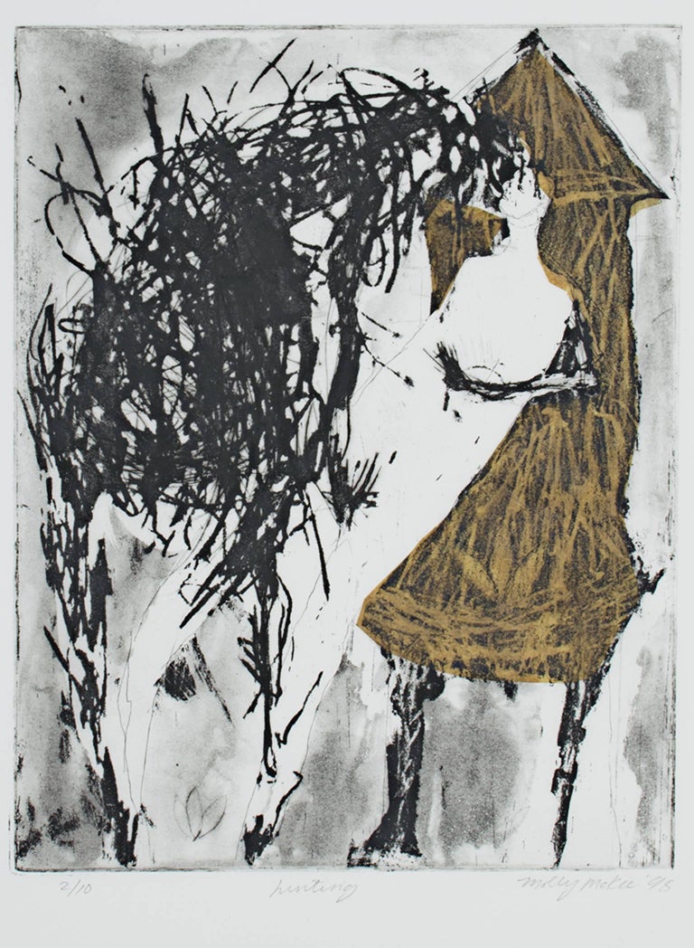 "Hinting" is an original etching and aquatint made with Chine Colle by Molly McKee. The artist signed the piece in the lower right, titled it lower center, and wrote the edition number (2/10) in the lower left. It depicts a few abstracted human