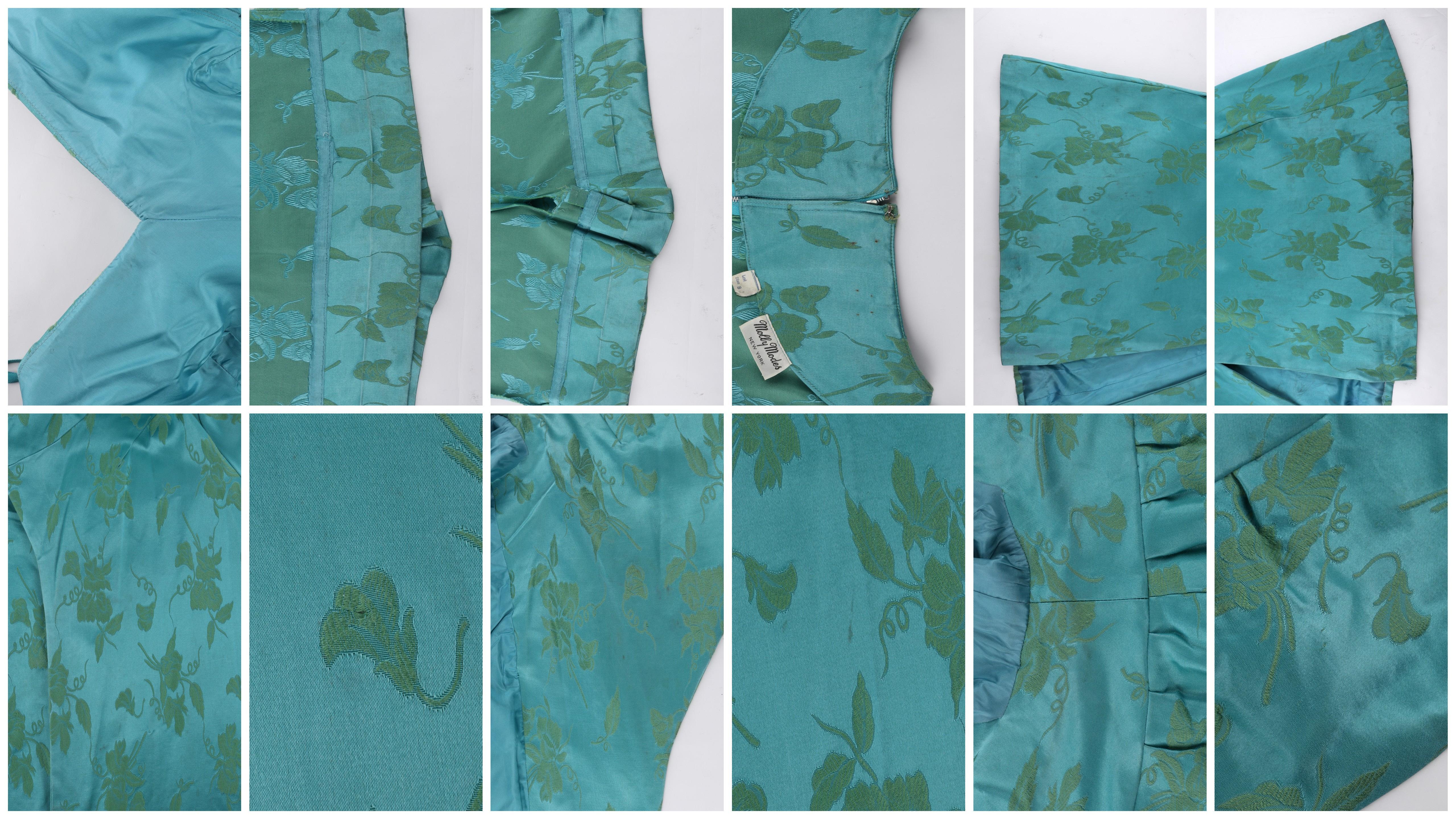 MOLLY MODES New York c.1950’s 2 Pc Blue Green Floral Silk Dress Swing Coat Set  7