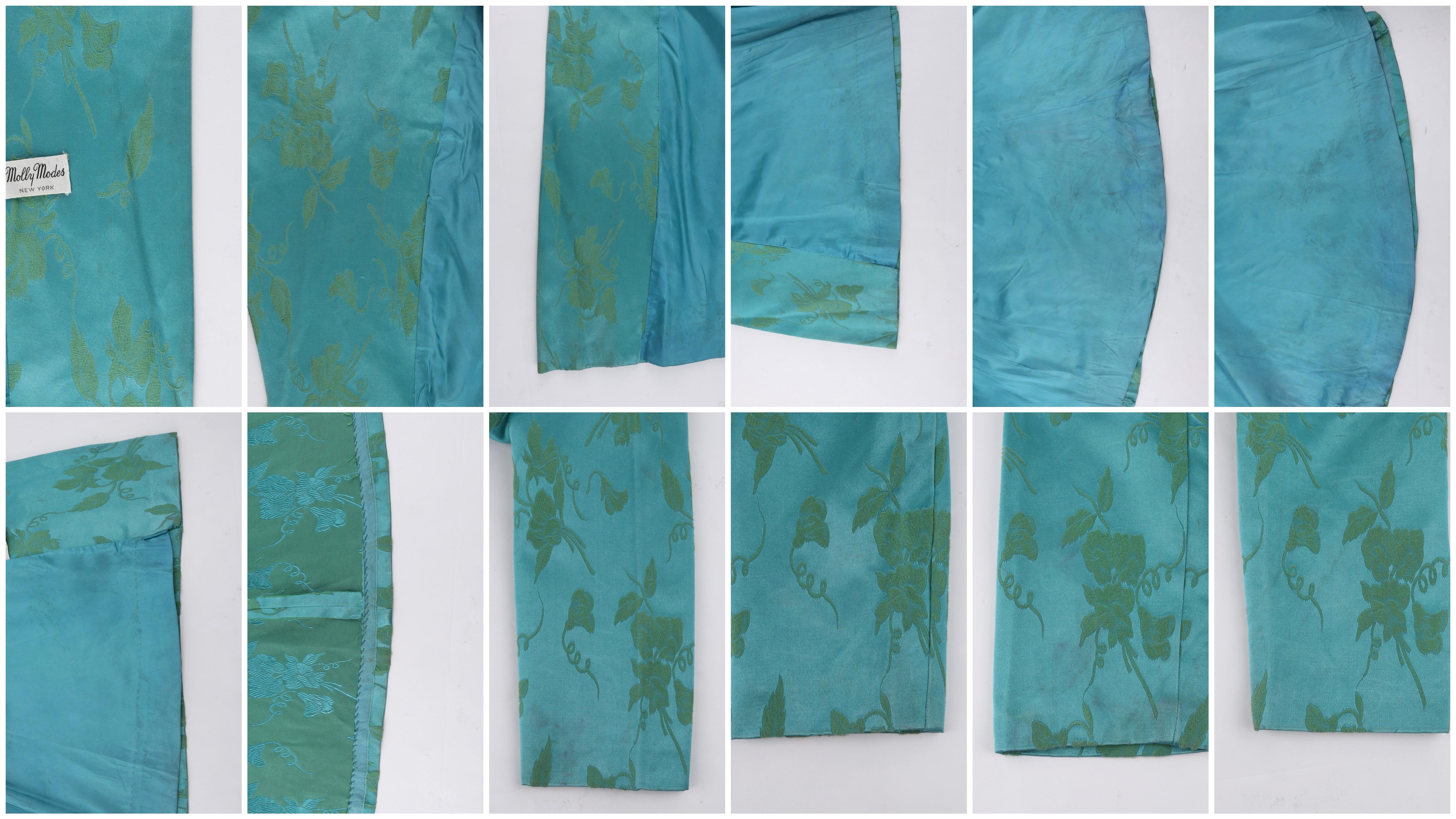 MOLLY MODES New York ca. 1950er 2-teiliges blau-grünes geblümtes Seidenkleid und Swing-Mantel-Set 7