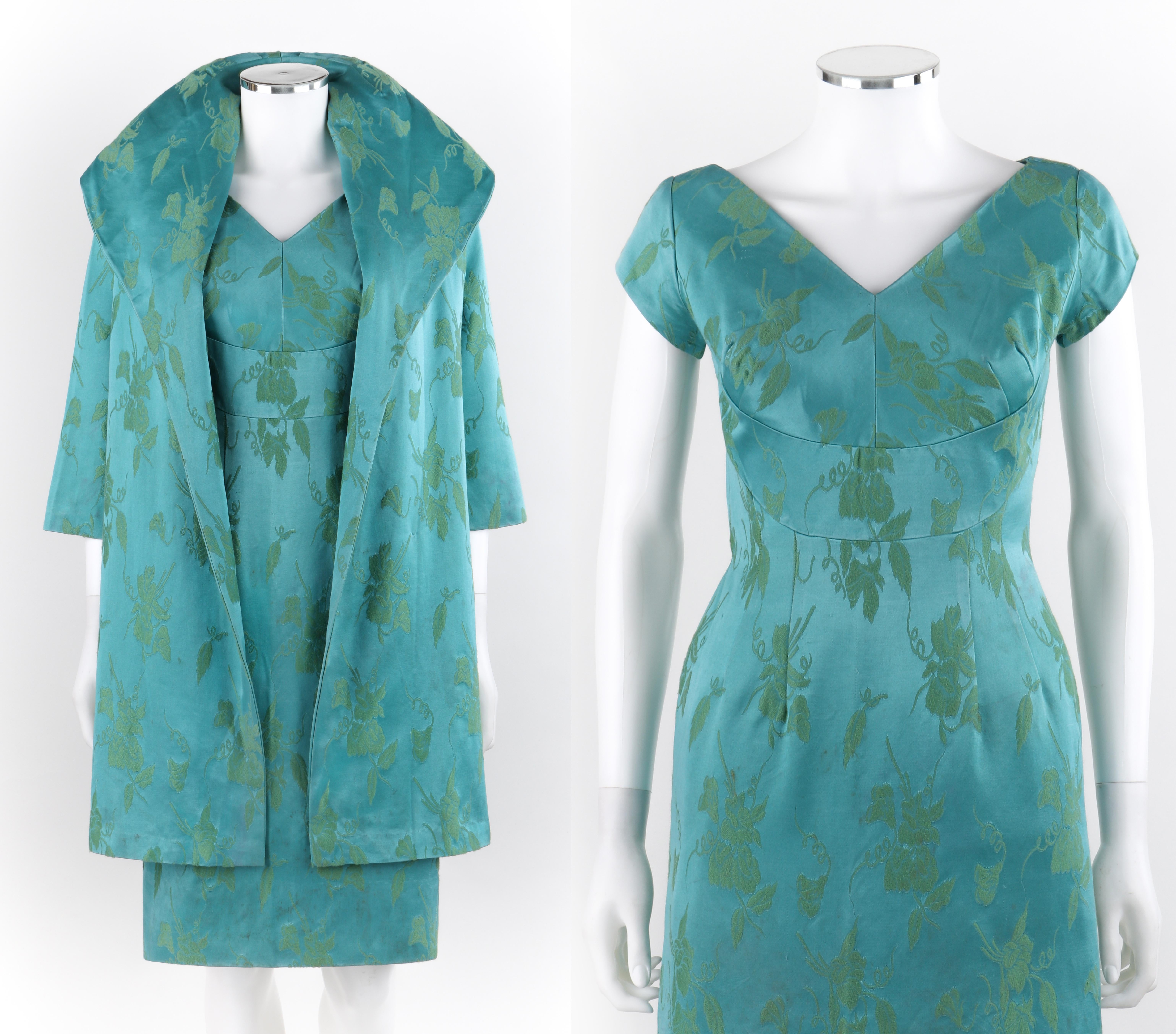 MOLLY MODES New York c.1950’s 2 Pc Blue Green Floral Silk Dress Swing Coat Set 

Circa: Late 1950’s 
Label(s): Molly Modes New York; ILGWU tag
Style: Sheath dress; Swing coat
Color(s): Shades of blue and green 
Lined: Yes - Jacket
Unmarked Fabric