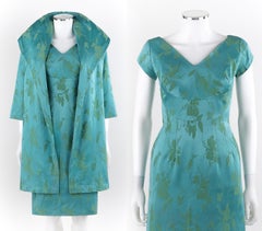 MOLLY MODES New York c.1950’s 2 Pc Blue Green Floral Silk Dress Swing Coat Set