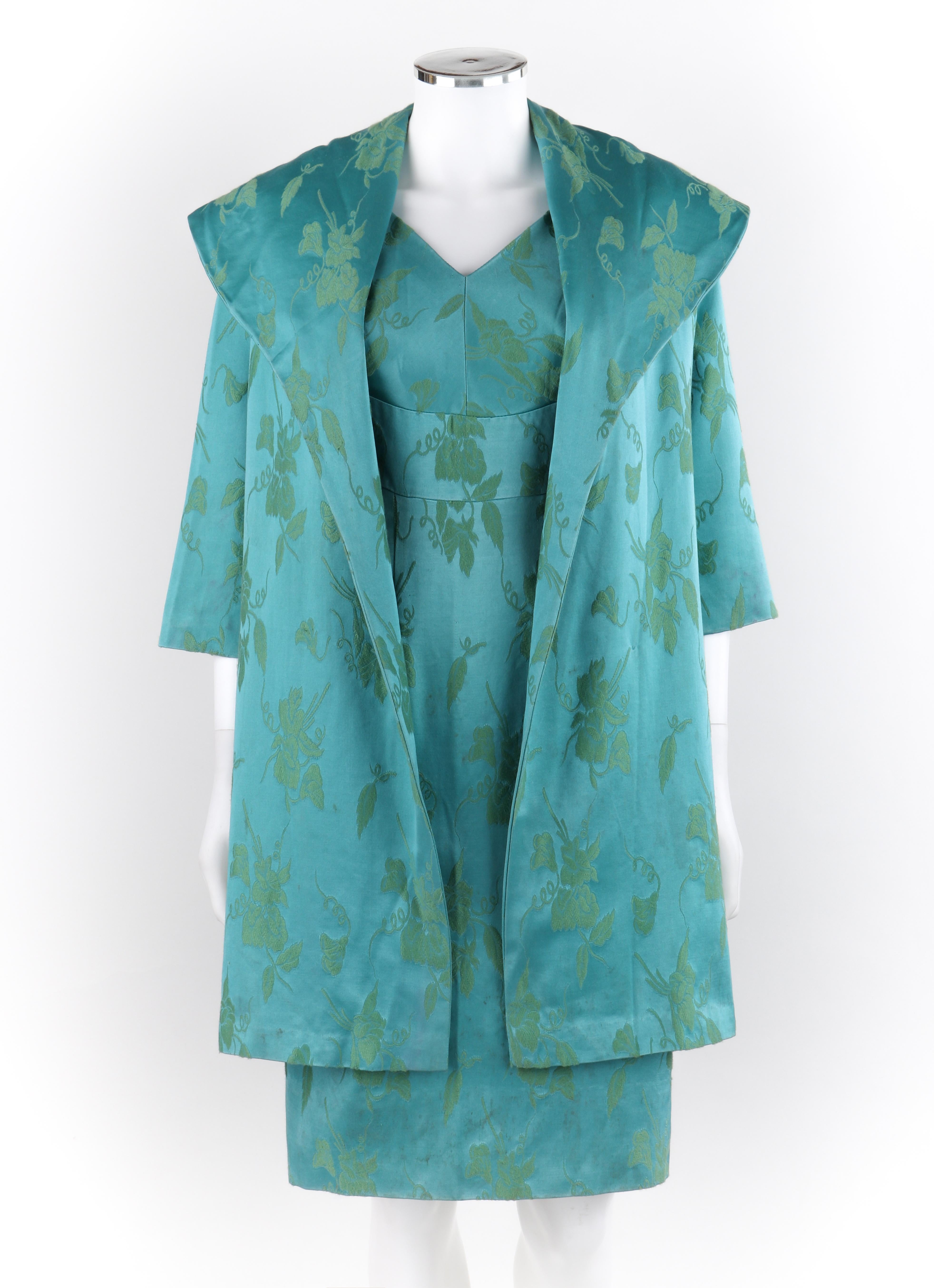 MOLLY MODES New York c.1950’s 2 Pc Blue Green Floral Silk Dress Swing Coat Set  In Fair Condition In Thiensville, WI