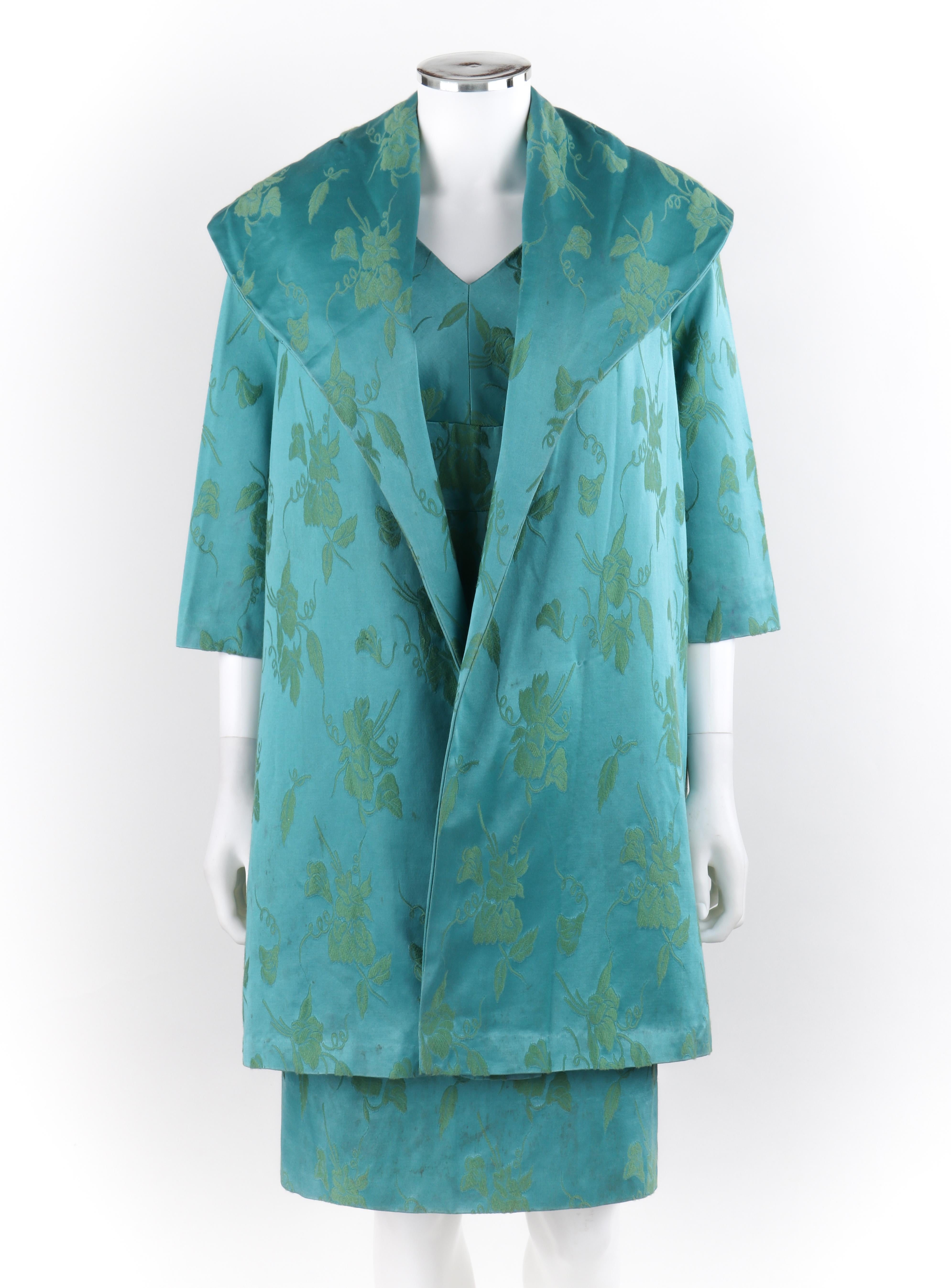 Women's MOLLY MODES New York c.1950’s 2 Pc Blue Green Floral Silk Dress Swing Coat Set 