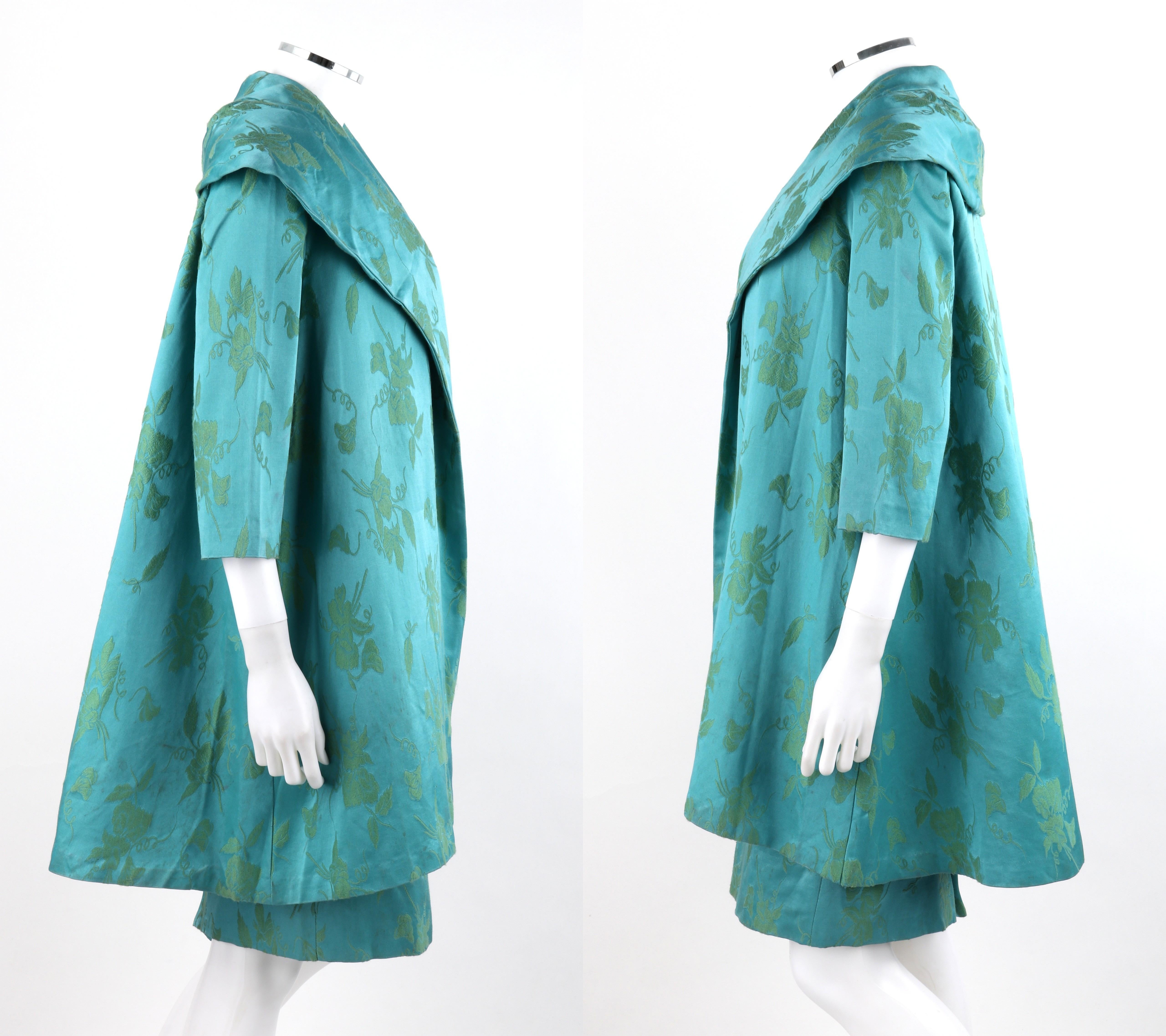 MOLLY MODES New York c.1950’s 2 Pc Blue Green Floral Silk Dress Swing Coat Set  1