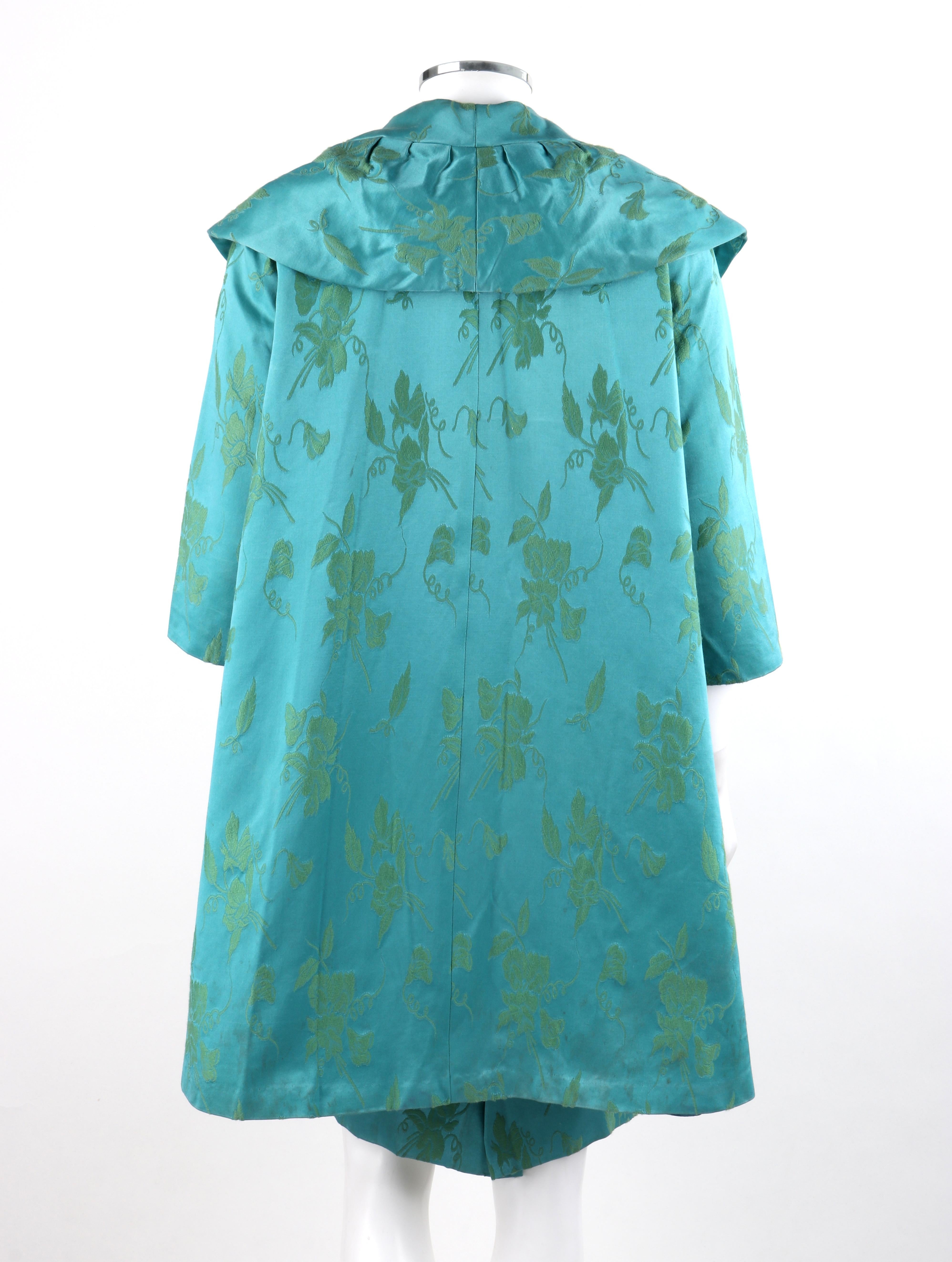 MOLLY MODES New York c.1950’s 2 Pc Blue Green Floral Silk Dress Swing Coat Set  2