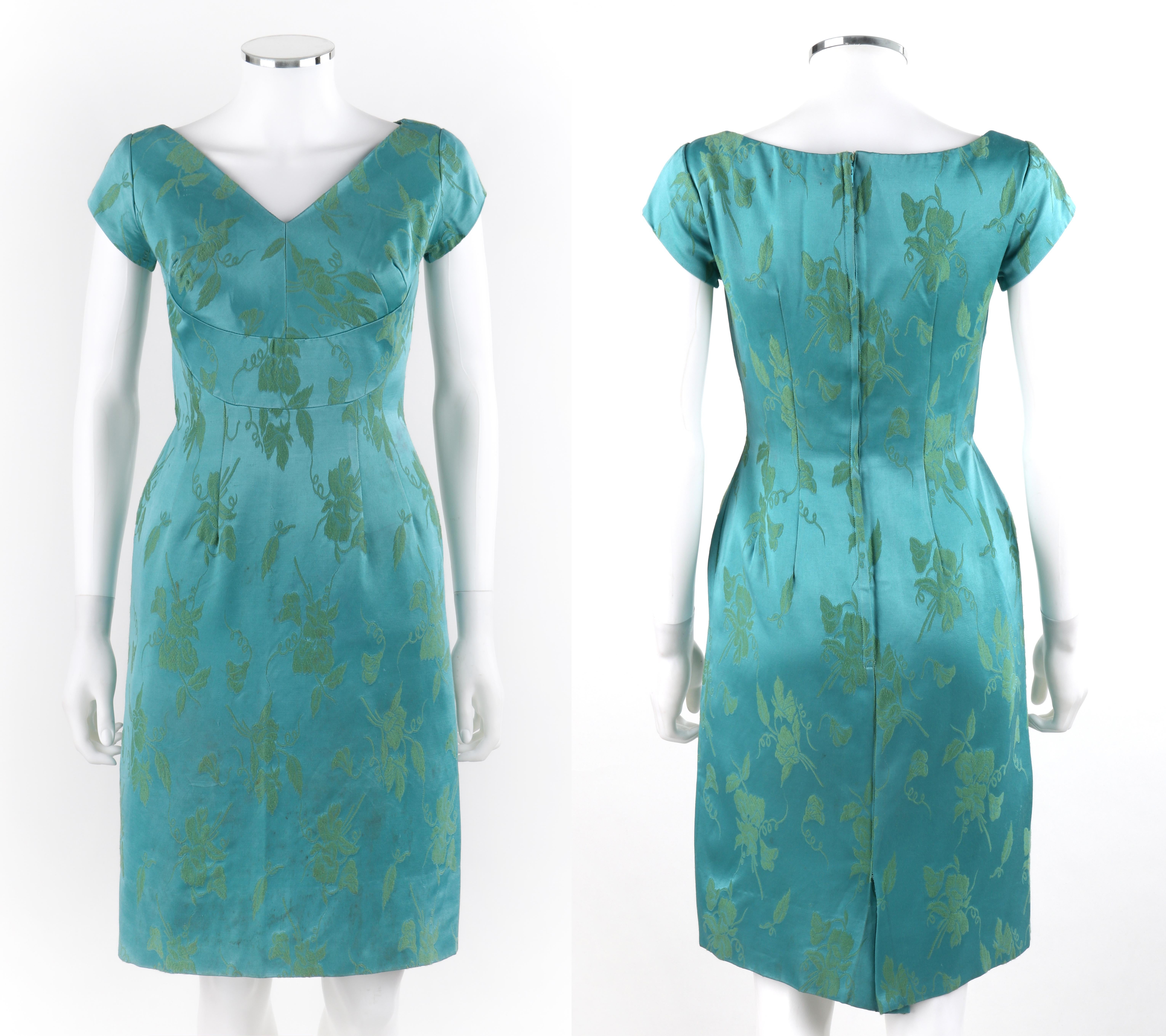 MOLLY MODES New York ca. 1950er 2-teiliges blau-grünes geblümtes Seidenkleid und Swing-Mantel-Set 2