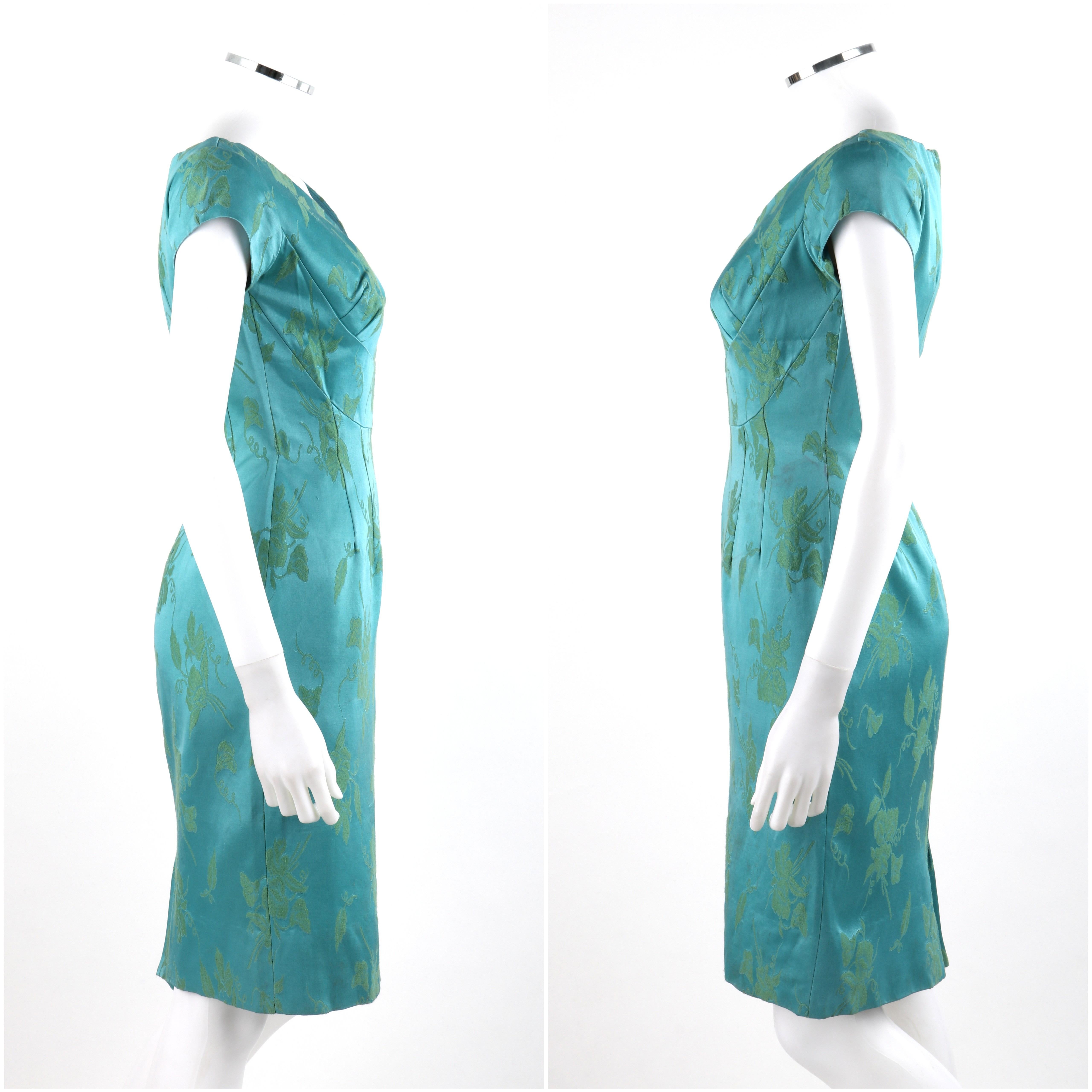 MOLLY MODES New York c.1950’s 2 Pc Blue Green Floral Silk Dress Swing Coat Set  4