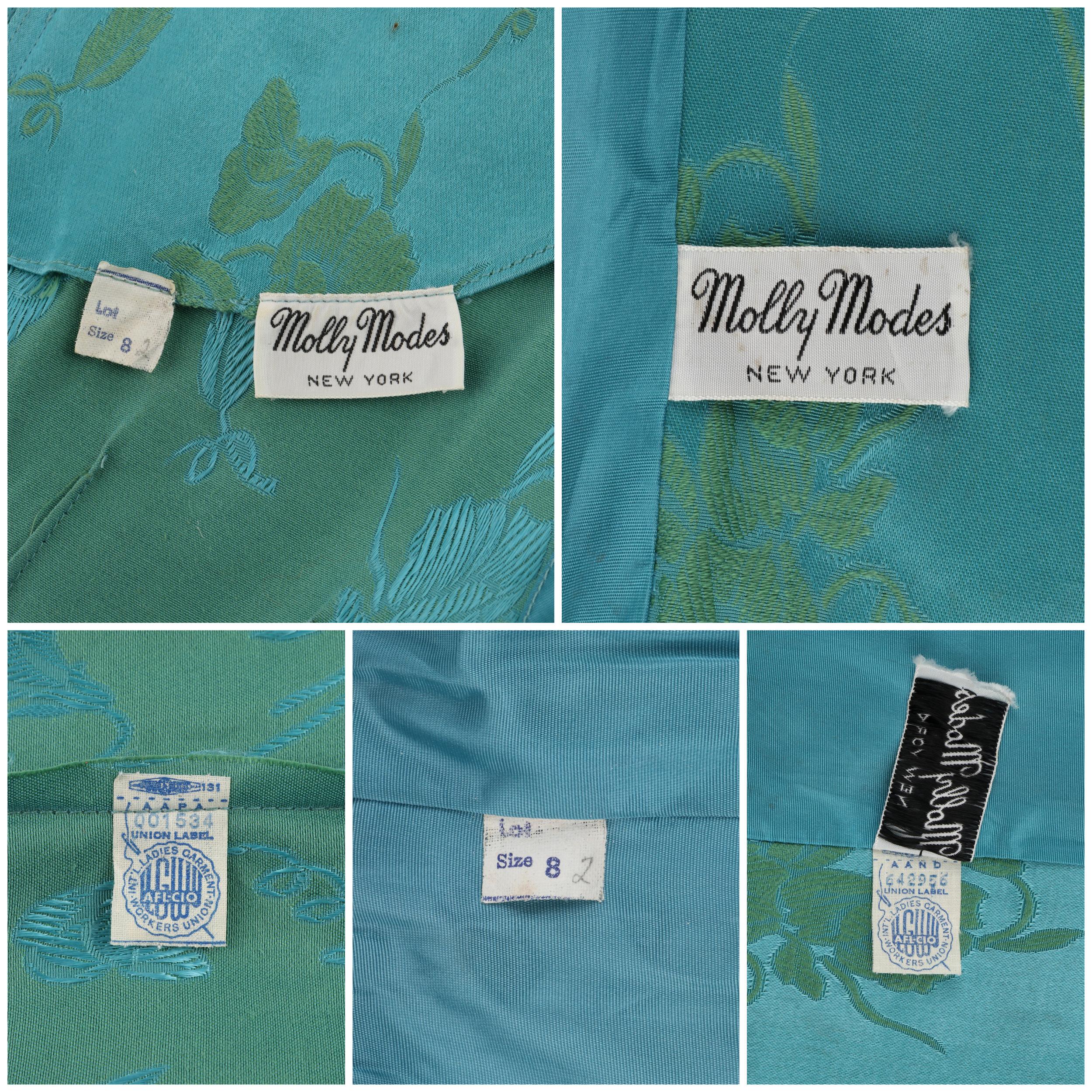 MOLLY MODES New York ca. 1950er 2-teiliges blau-grünes geblümtes Seidenkleid und Swing-Mantel-Set 4