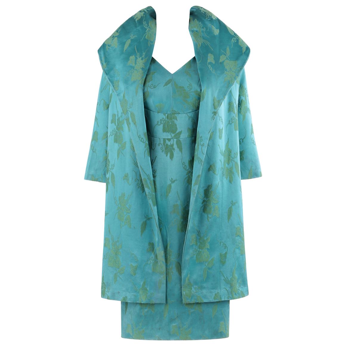 MOLLY MODES New York c.1950’s 2 Pc Blue Green Floral Silk Dress Swing Coat Set 