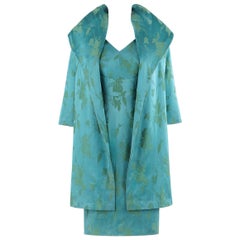 Vintage MOLLY MODES New York c.1950’s 2 Pc Blue Green Floral Silk Dress Swing Coat Set 