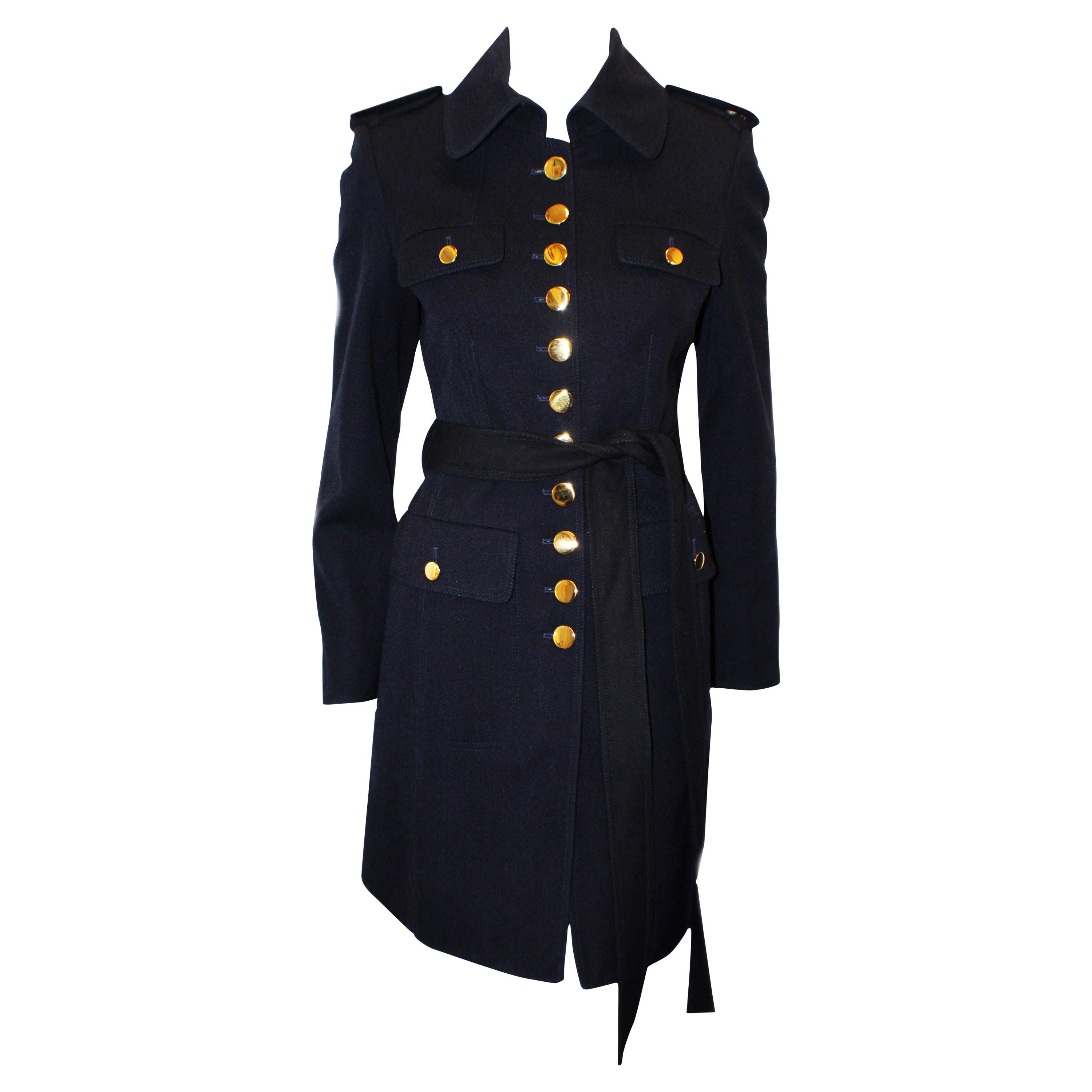 Moloh of the United Kingdom 3/4 Navy Belted Military Style Coat For Sale