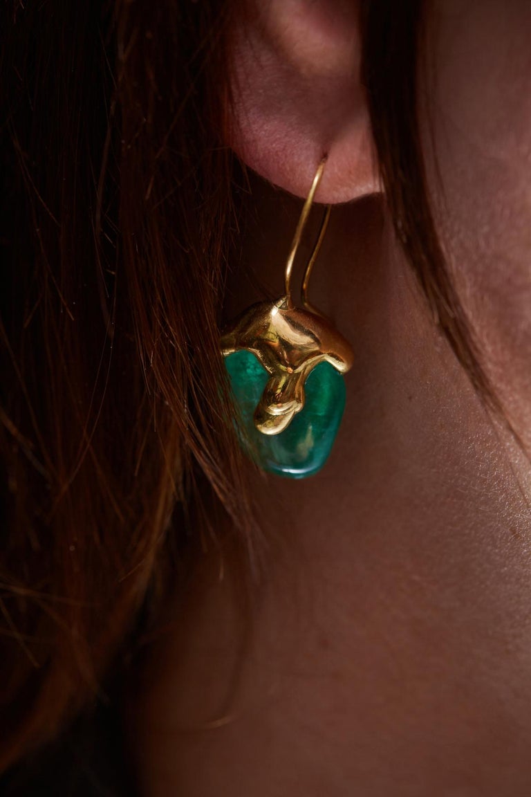Tumbled Molten Muzo Earrings 18 Carat Recycled Gold 26.4 Carat Emerald For Sale