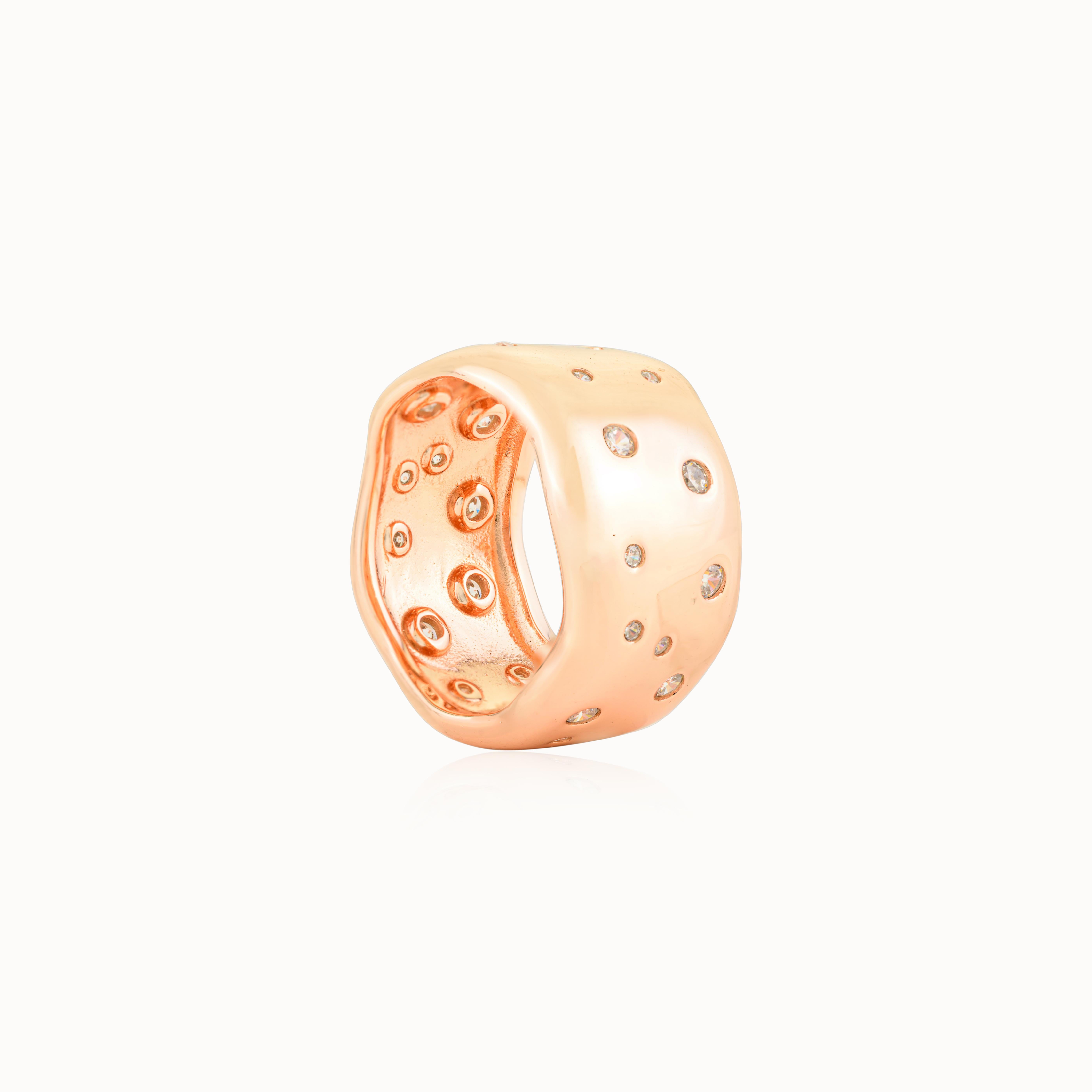 For Sale:  Molten Wave Rose Gold Dome Ring in 925 Sterling Silver with Scattered CZ Stone 7